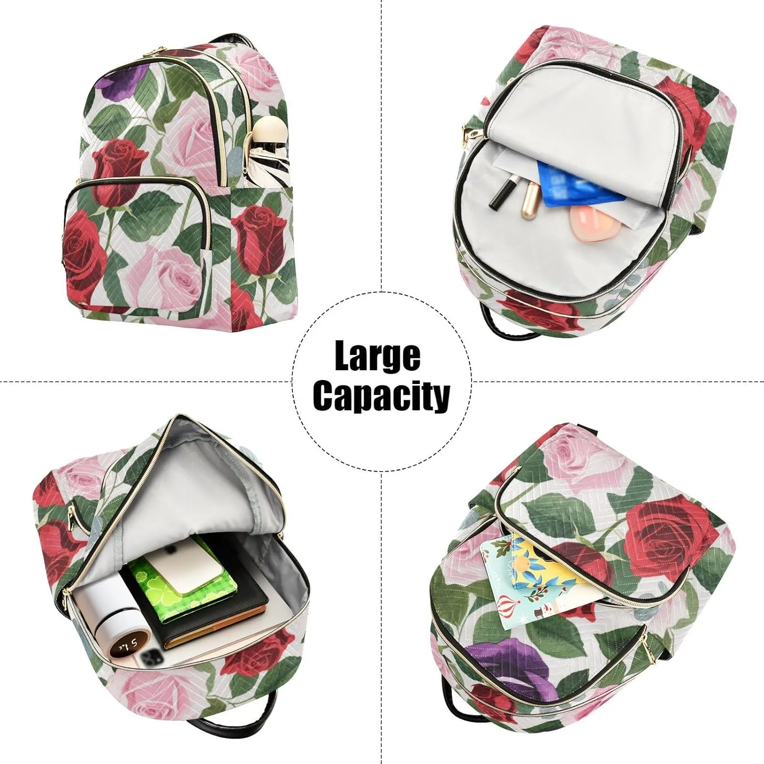 Mini Backpack Quilted Purse for Womens Small Backpack Daypack Rose Print for Travel Daily Work,Multi3
