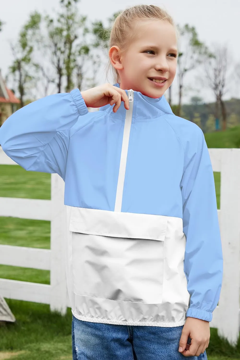 MODAFANS Girls Boys Rain Jacket Lightweight Waterproof Packable Hooded Half zip RainCoats Windbreaker for Outdoor 4-13Year