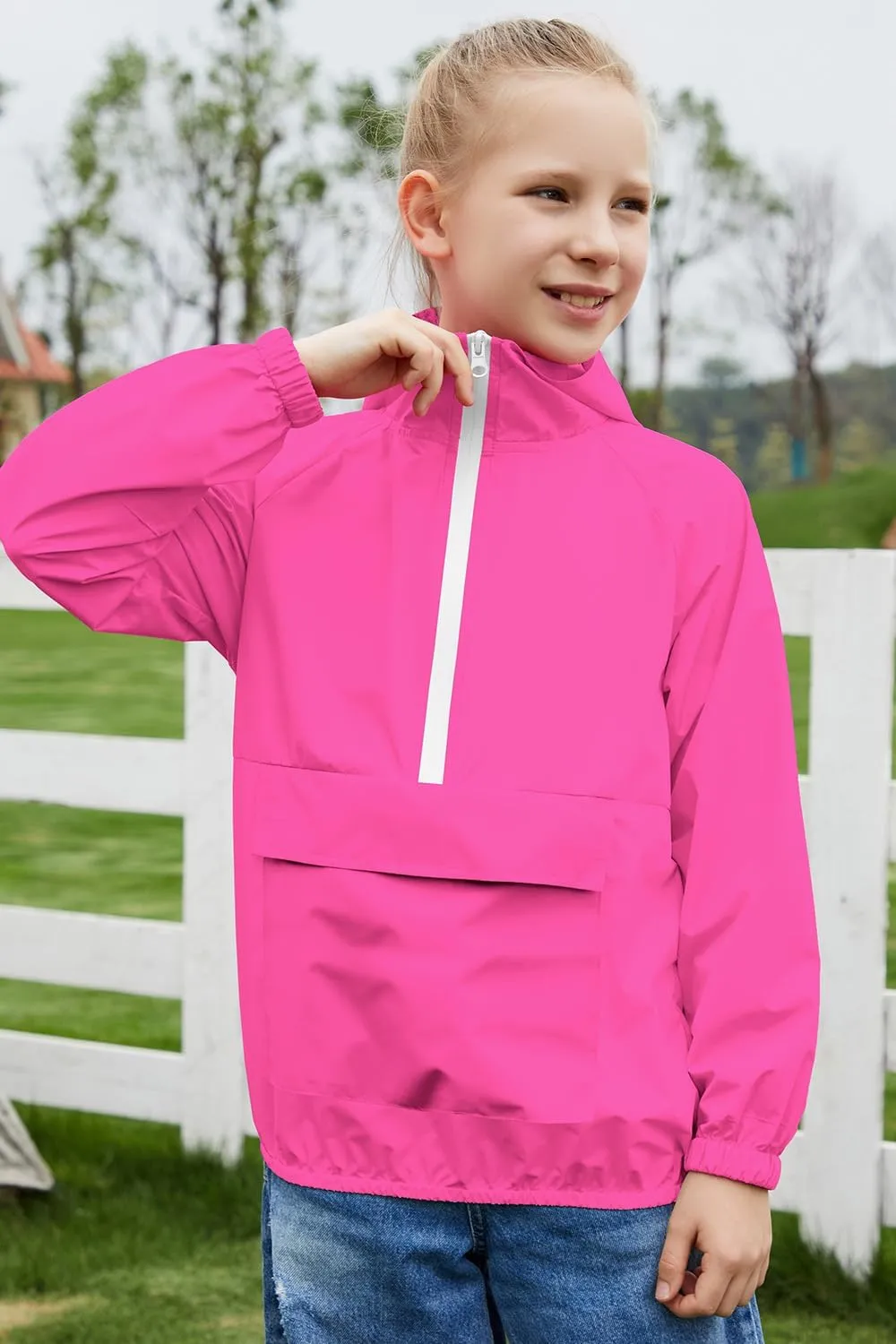 MODAFANS Girls Boys Rain Jacket Lightweight Waterproof Packable Hooded Half zip RainCoats Windbreaker for Outdoor 4-13Year