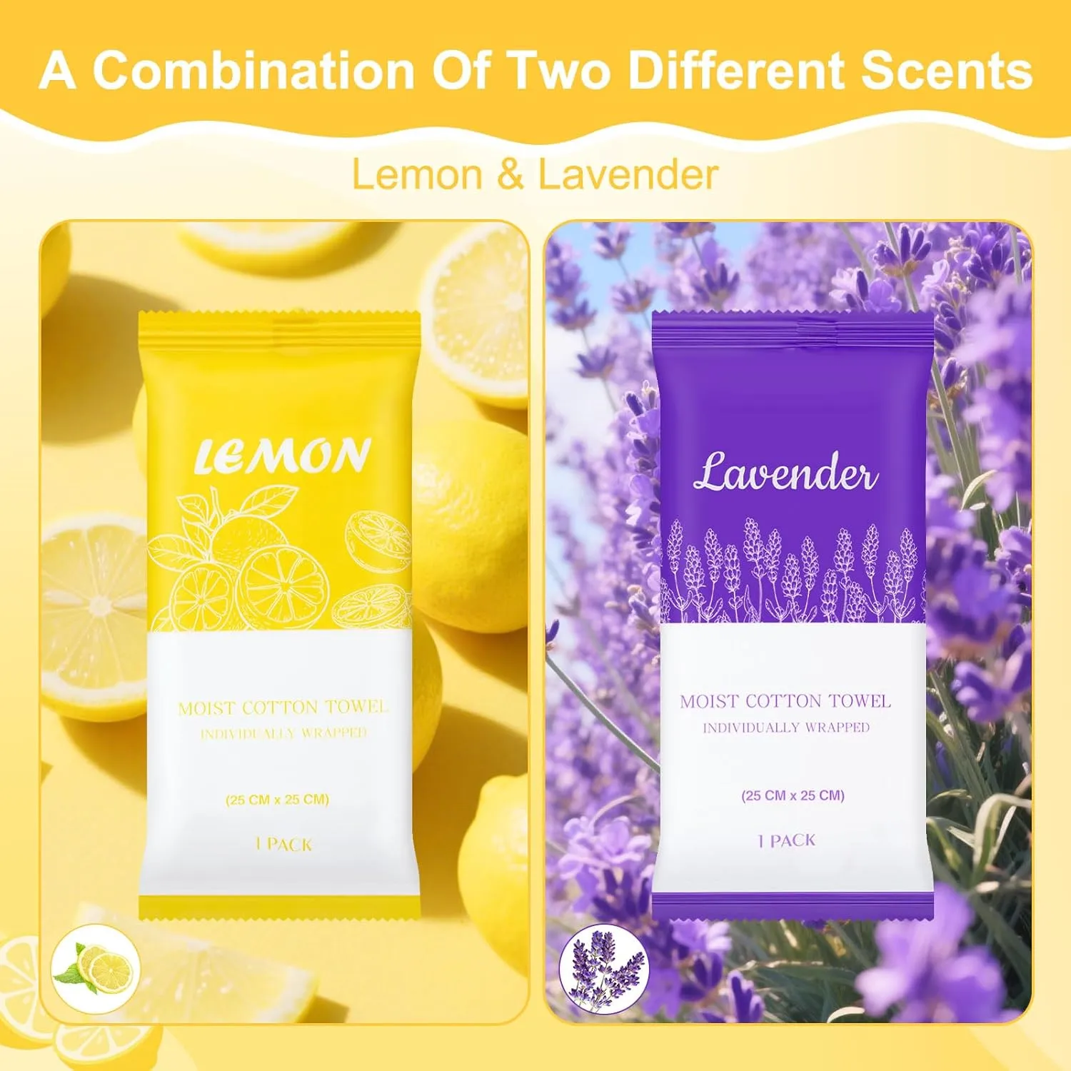 Moist Cotton Towels, 10"x10" Disposable Refreshment Pre Moistened Towels Individually Wrapped Face & Body Wet Moist Terry Cotton Towelettes for Travel Hotel Sport Camping Spa (Lavender Lemon 60Pcs)