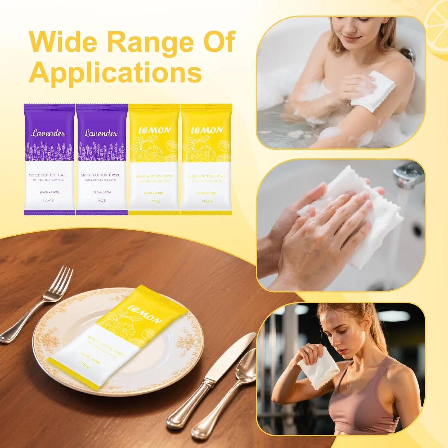 Moist Cotton Towels, 10"x10" Disposable Refreshment Pre Moistened Towels Individually Wrapped Face & Body Wet Moist Terry Cotton Towelettes for Travel Hotel Sport Camping Spa (Lavender Lemon 60Pcs)