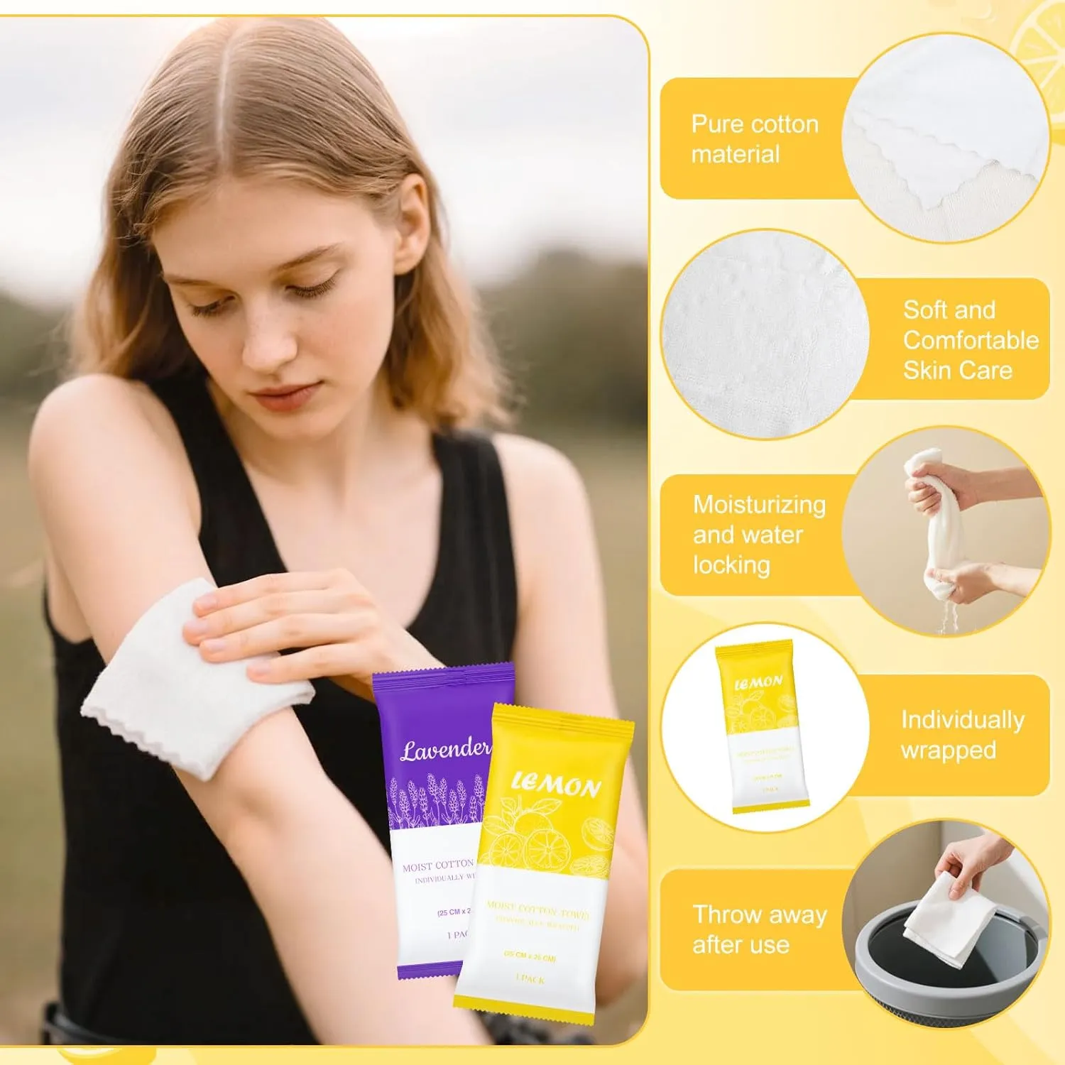 Moist Cotton Towels, 10"x10" Disposable Refreshment Pre Moistened Towels Individually Wrapped Face & Body Wet Moist Terry Cotton Towelettes for Travel Hotel Sport Camping Spa (Lavender Lemon 60Pcs)