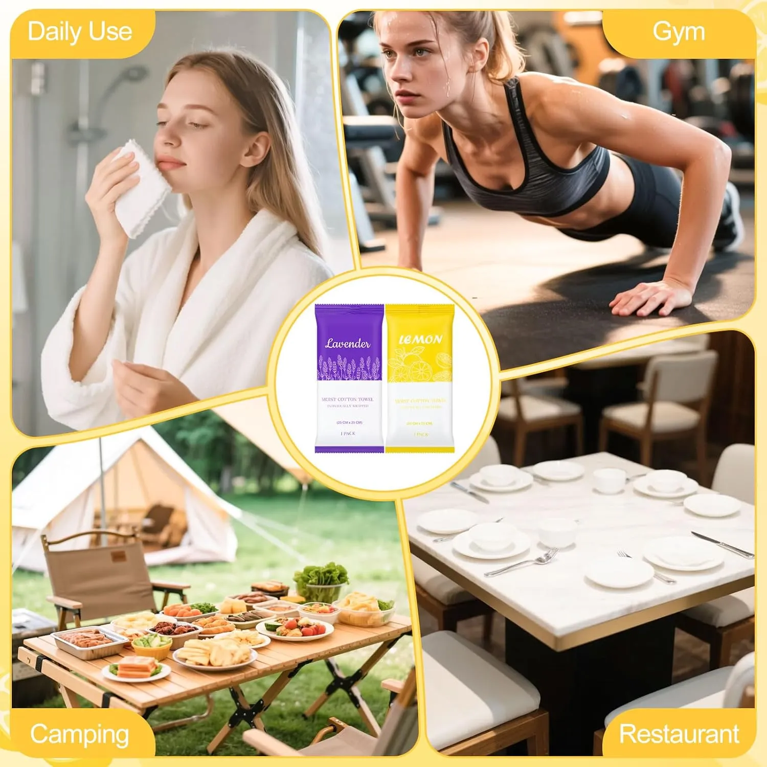 Moist Cotton Towels, 10"x10" Disposable Refreshment Pre Moistened Towels Individually Wrapped Face & Body Wet Moist Terry Cotton Towelettes for Travel Hotel Sport Camping Spa (Lavender Lemon 60Pcs)