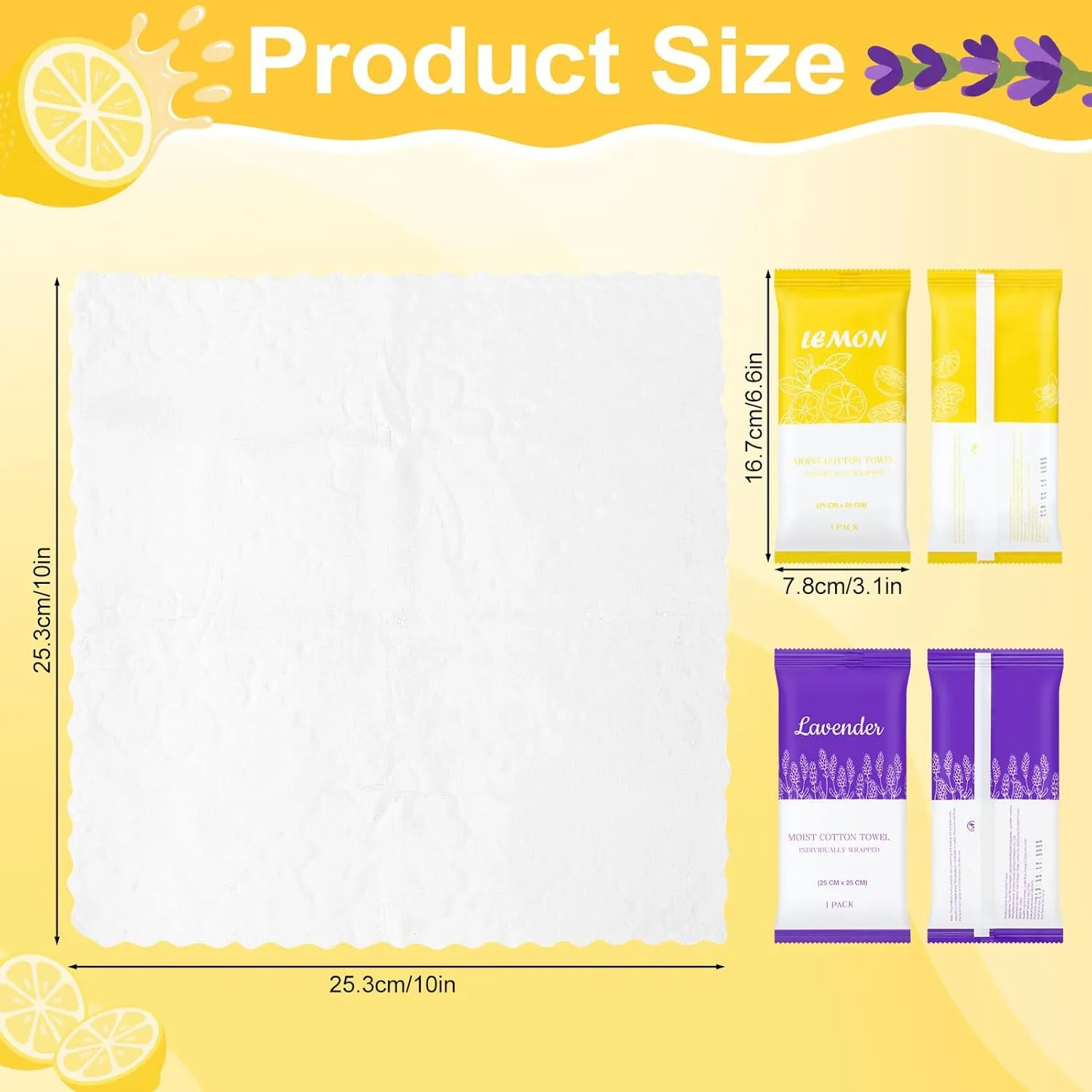 Moist Cotton Towels, 10"x10" Disposable Refreshment Pre Moistened Towels Individually Wrapped Face & Body Wet Moist Terry Cotton Towelettes for Travel Hotel Sport Camping Spa (Lavender Lemon 60Pcs)