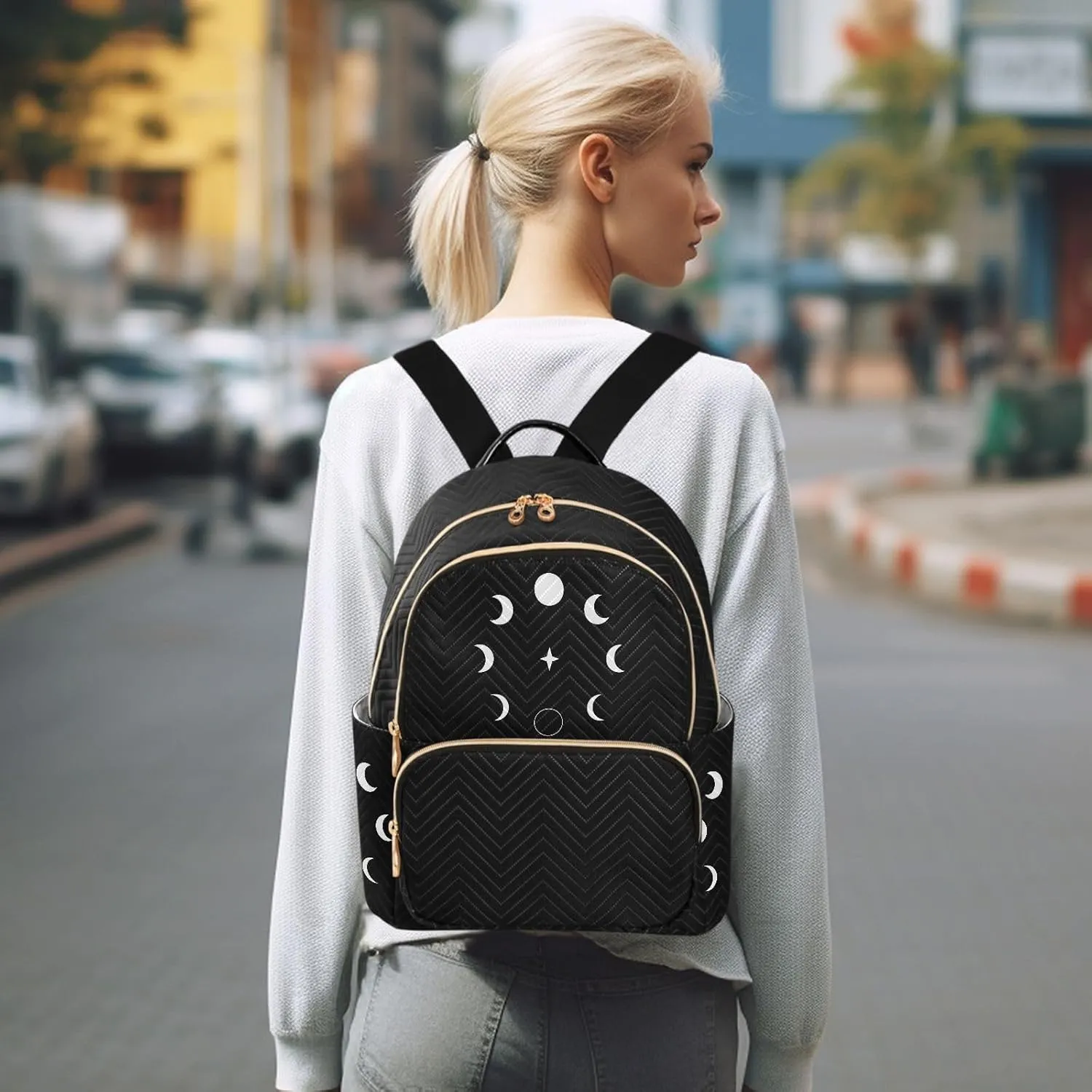 Moon Wiccan Lunar Phases Mini Backpack for Women, LightWeight Travel Backpack Purse Shoulder Bag Small Casual Daypack for Womens