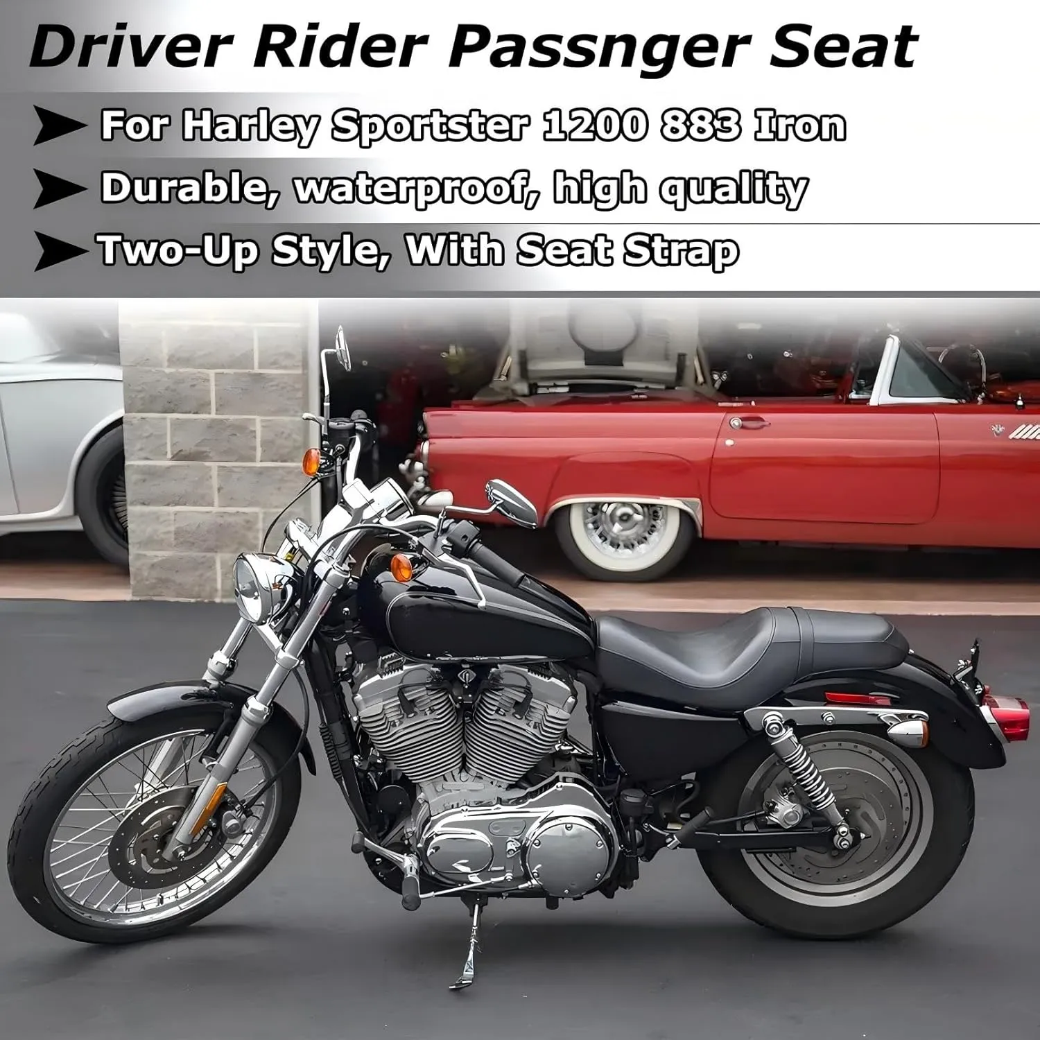 Motorcycle 2-Up Driver Passenger Seats Front Rear Cushion Pad Black Leather Replacement for Harley Davidson Sportster Iron 883 1200 48 72 XL XR Custom 2004-Up