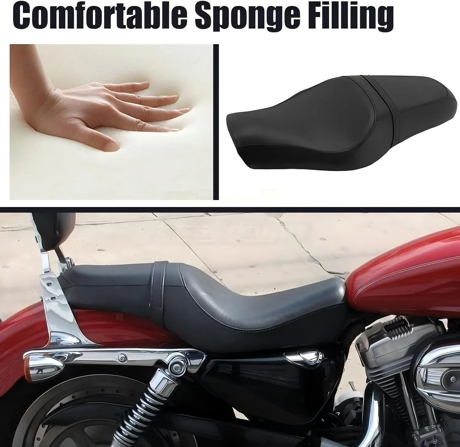 Motorcycle 2-Up Driver Passenger Seats Front Rear Cushion Pad Black Leather Replacement for Harley Davidson Sportster Iron 883 1200 48 72 XL XR Custom 2004-Up