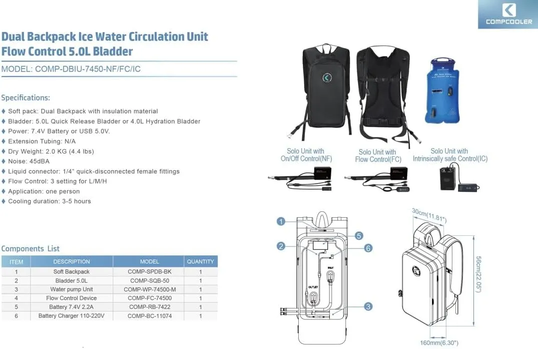 Motorcyclist Dual Backpack ICE Water Cooling System 5.0L Bladder and 7.4V Battery(Black)