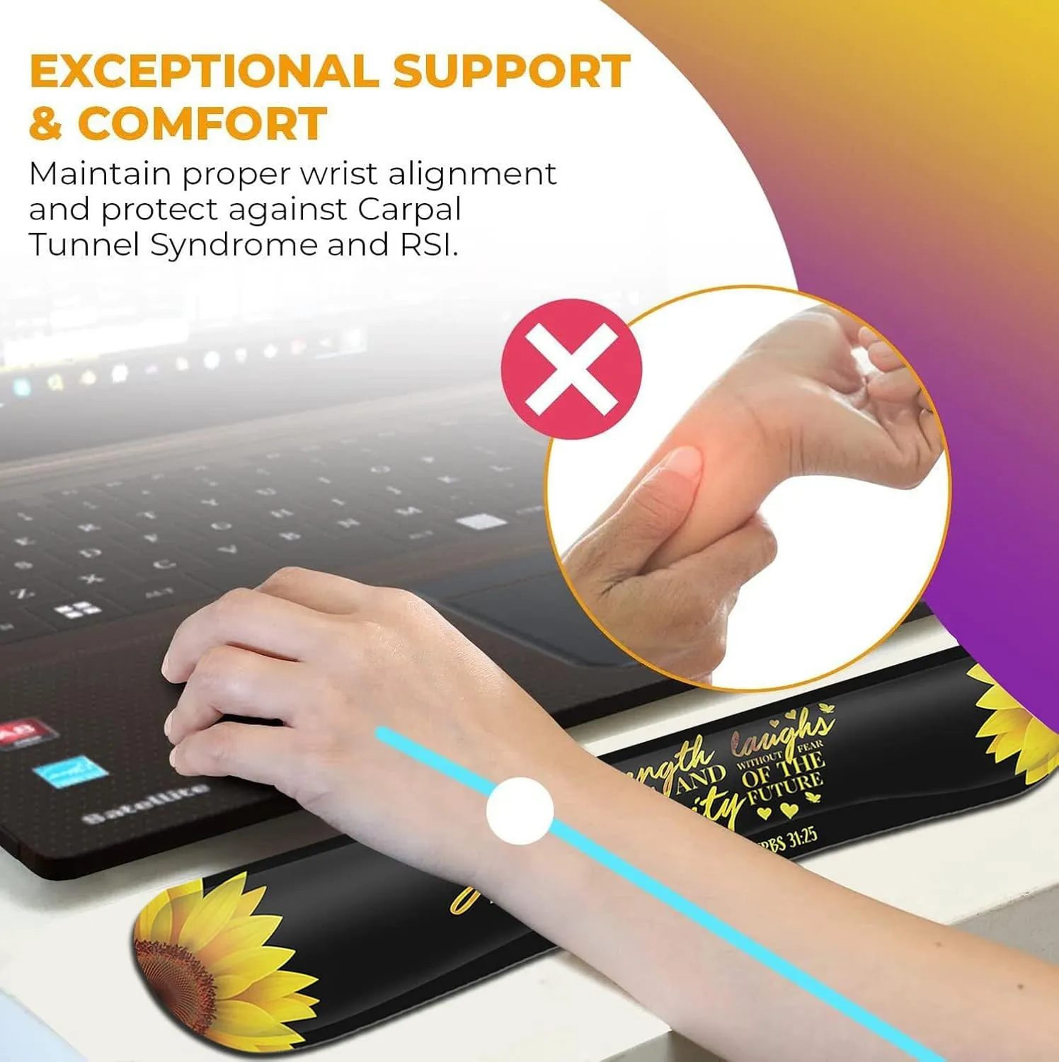 Mouse Pad Keyboard Wrist Rest Coaster, Mouse Support Set Ergonomic Memory Foam Mouse and Keyboard Pad Set for Laptop Computer Office Home Working Gaming, Sunflower Christian Bible Verse Black pad
