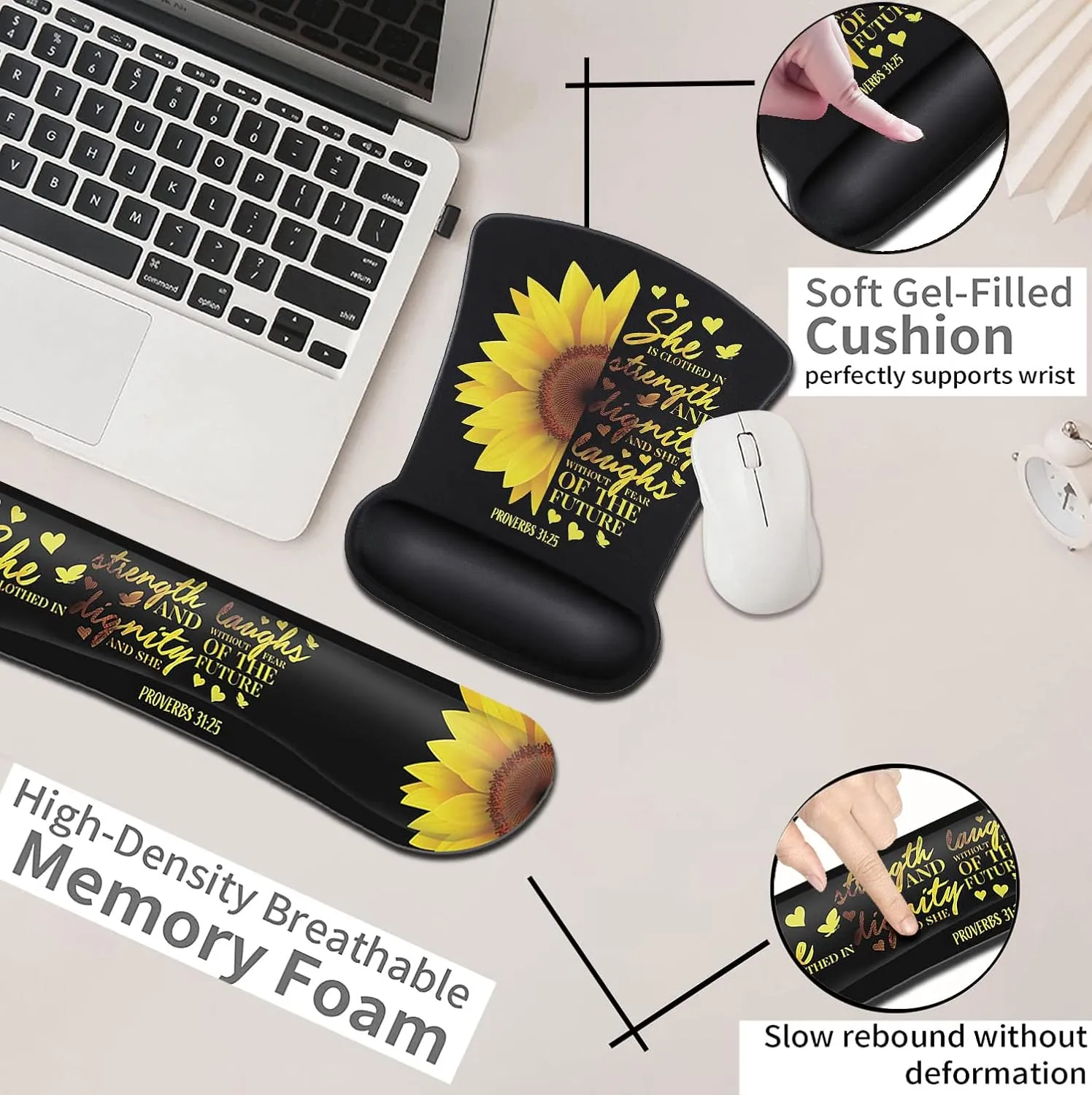 Mouse Pad Keyboard Wrist Rest Coaster, Mouse Support Set Ergonomic Memory Foam Mouse and Keyboard Pad Set for Laptop Computer Office Home Working Gaming, Sunflower Christian Bible Verse Black pad
