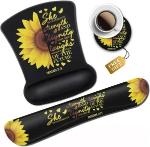 Mouse Pad Keyboard Wrist Rest Coaster, Mouse Support Set Ergonomic Memory Foam Mouse and Keyboard Pad Set for Laptop Computer Office Home Working Gaming, Sunflower Christian Bible Verse Black pad