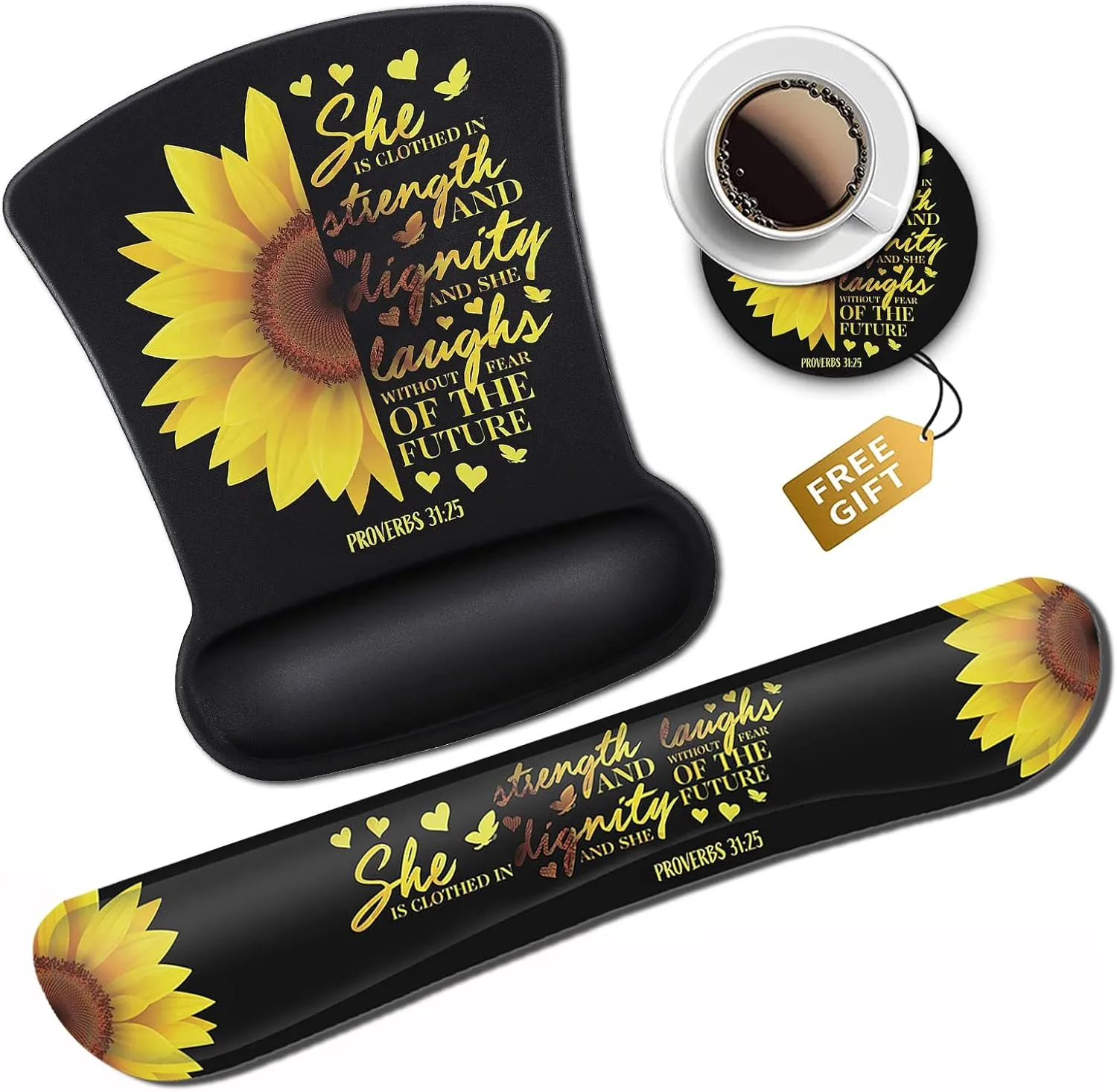 Mouse Pad Keyboard Wrist Rest Coaster, Mouse Support Set Ergonomic Memory Foam Mouse and Keyboard Pad Set for Laptop Computer Office Home Working Gaming, Sunflower Christian Bible Verse Black pad