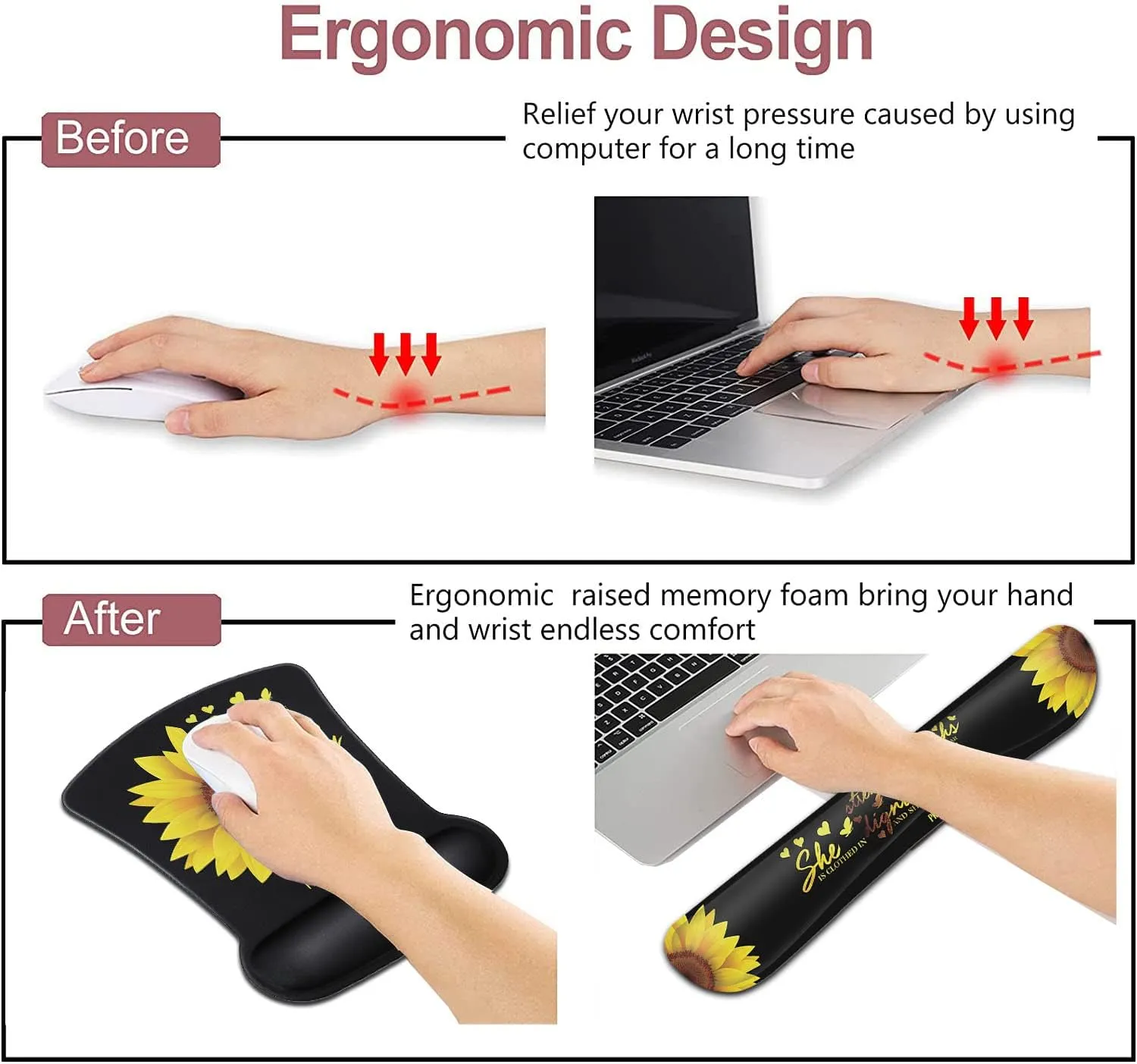 Mouse Pad Keyboard Wrist Rest Coaster, Mouse Support Set Ergonomic Memory Foam Mouse and Keyboard Pad Set for Laptop Computer Office Home Working Gaming, Sunflower Christian Bible Verse Black pad