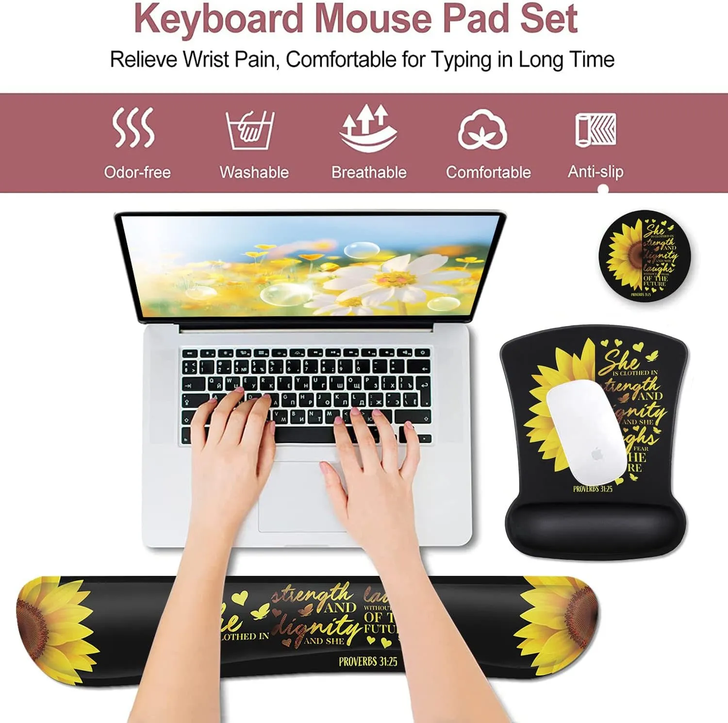 Mouse Pad Keyboard Wrist Rest Coaster, Mouse Support Set Ergonomic Memory Foam Mouse and Keyboard Pad Set for Laptop Computer Office Home Working Gaming, Sunflower Christian Bible Verse Black pad