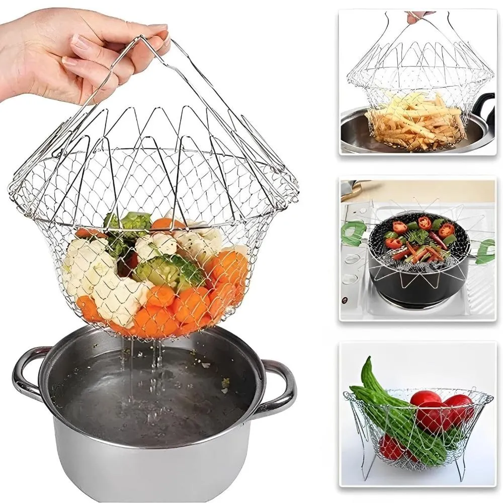 Multi-functional Foldable Cooking Mesh Steam Rinse Strain Fry Basket.