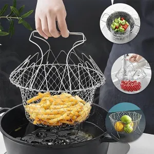 Multi-functional Foldable Cooking Mesh Steam Rinse Strain Fry Basket.