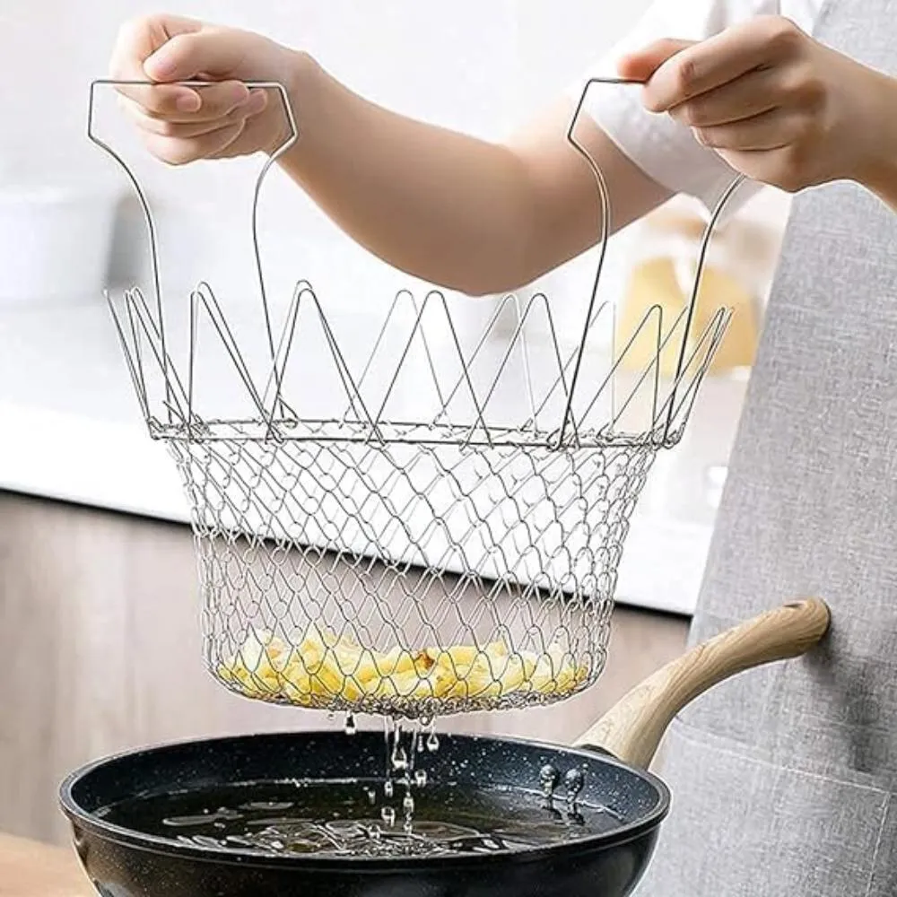 Multi-functional Foldable Cooking Mesh Steam Rinse Strain Fry Basket.