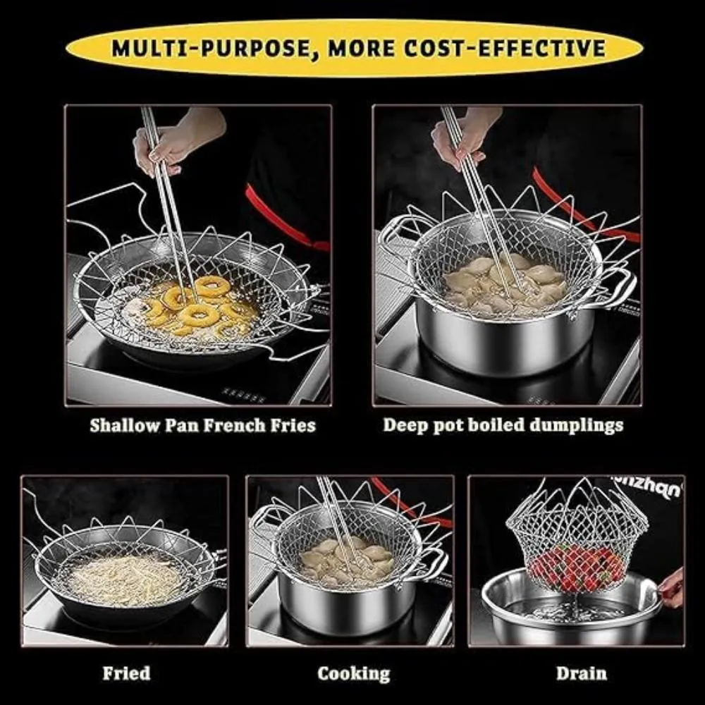 Multi-functional Foldable Cooking Mesh Steam Rinse Strain Fry Basket.