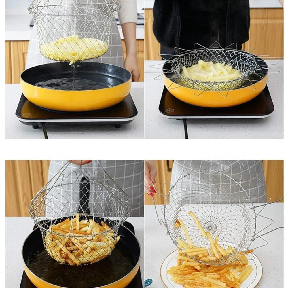 Multi-functional Foldable Cooking Mesh Steam Rinse Strain Fry Basket.