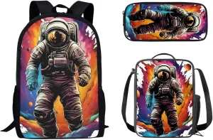 Mumeson Astronaut Daypack Bookbags Kids School Daypack Set and Insulated Lunch Bags with Adjustable Strip,Lightweight Small Pencase Pencil Bag 3 Pack Set