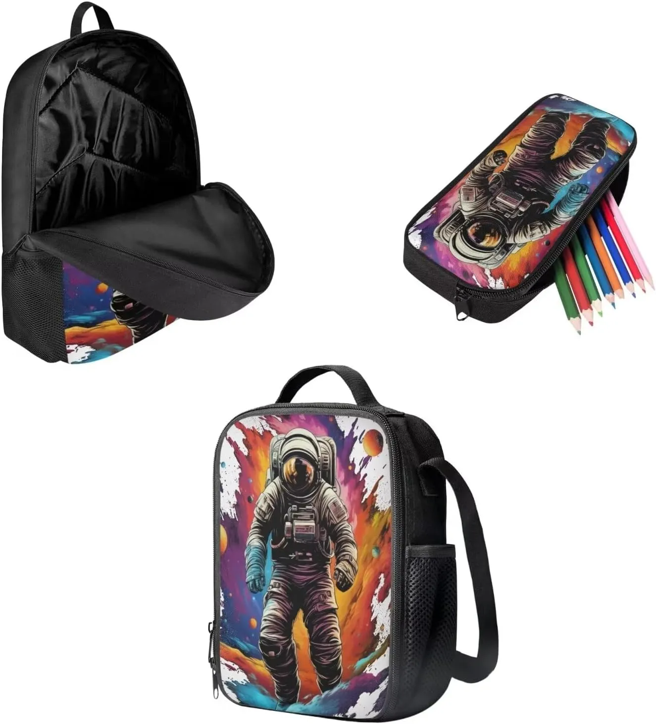 Mumeson Astronaut Daypack Bookbags Kids School Daypack Set and Insulated Lunch Bags with Adjustable Strip,Lightweight Small Pencase Pencil Bag 3 Pack Set