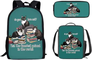 Mumeson Books Cat Backpack Schoolbag Set Soft Breathable Backing Daypack Kids Teen School Backpack with Crossbody Lunch Bag Insulated Lunch Bag Pencase