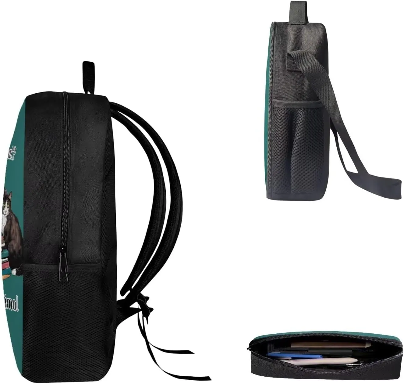 Mumeson Books Cat Backpack Schoolbag Set Soft Breathable Backing Daypack Kids Teen School Backpack with Crossbody Lunch Bag Insulated Lunch Bag Pencase