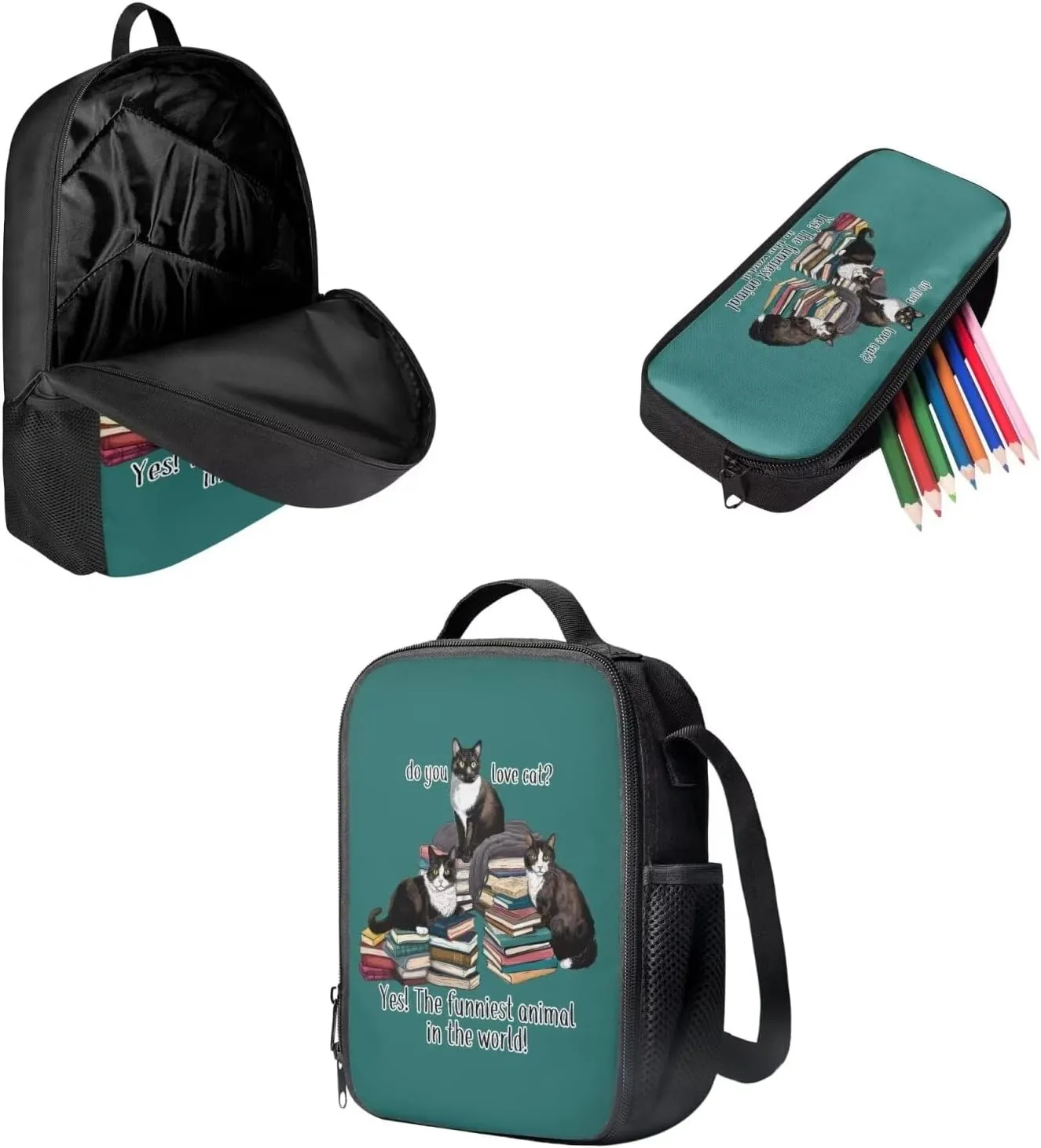 Mumeson Books Cat Backpack Schoolbag Set Soft Breathable Backing Daypack Kids Teen School Backpack with Crossbody Lunch Bag Insulated Lunch Bag Pencase