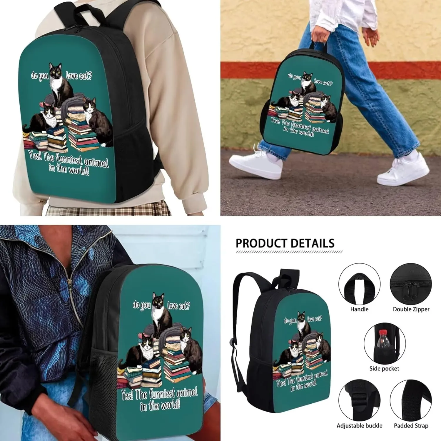 Mumeson Books Cat Backpack Schoolbag Set Soft Breathable Backing Daypack Kids Teen School Backpack with Crossbody Lunch Bag Insulated Lunch Bag Pencase