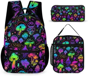 Mushroom Backpack with Lunch Box & Pencil Case for Kids Girls Boys School, 16 Inch Cute Mushrooms Bookbag, School Backpack for Students Children, Lightweight, Large Capacity