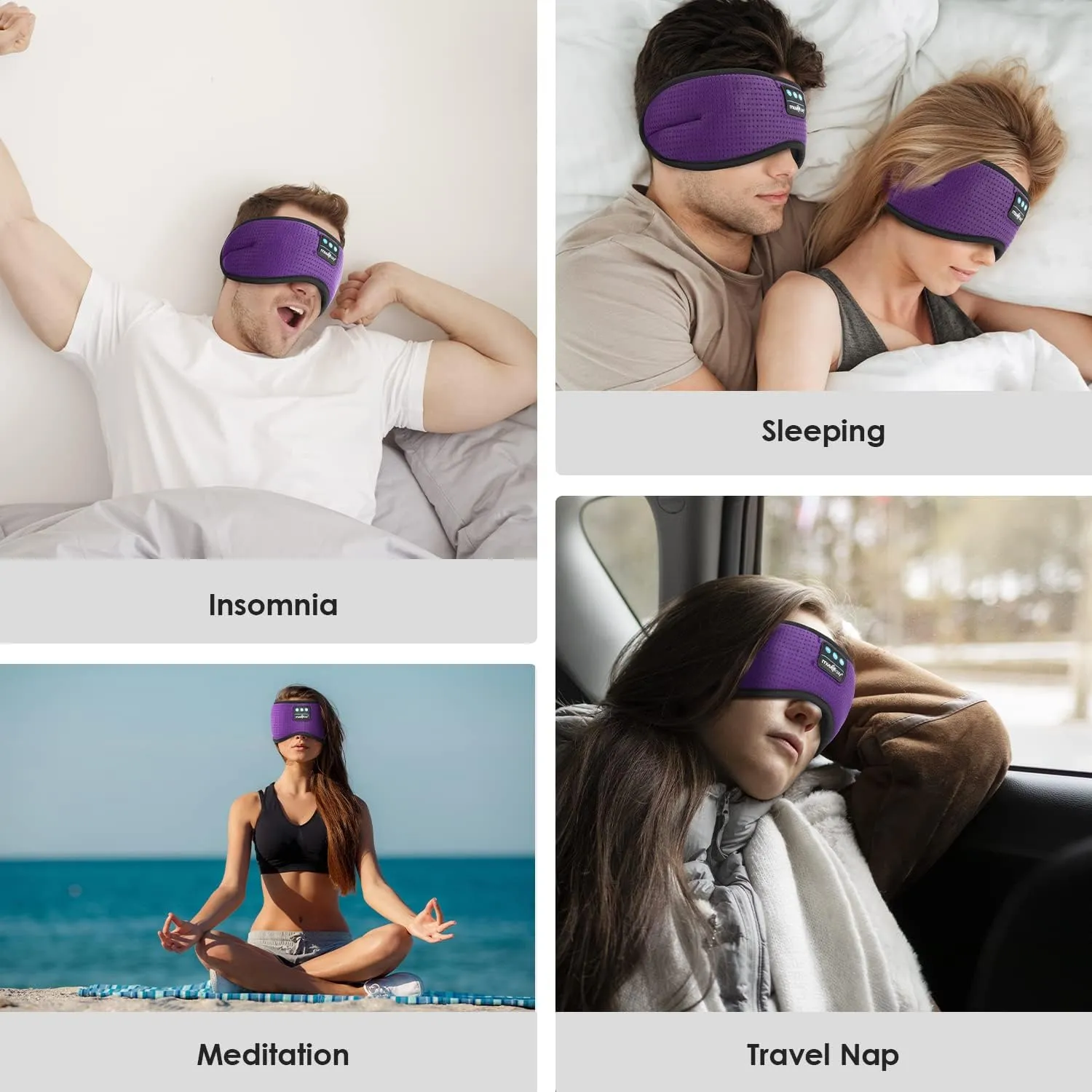 MUSICOZY White Noise Bluetooth Sleep Mask with 8 Soothing Sounds & 3D Wireless Sleep Headphones, Bluetooth Sleeping Headphones for Yoga Travel Office Relaxation, Tech Gadgets Gifts, Lavender Purple