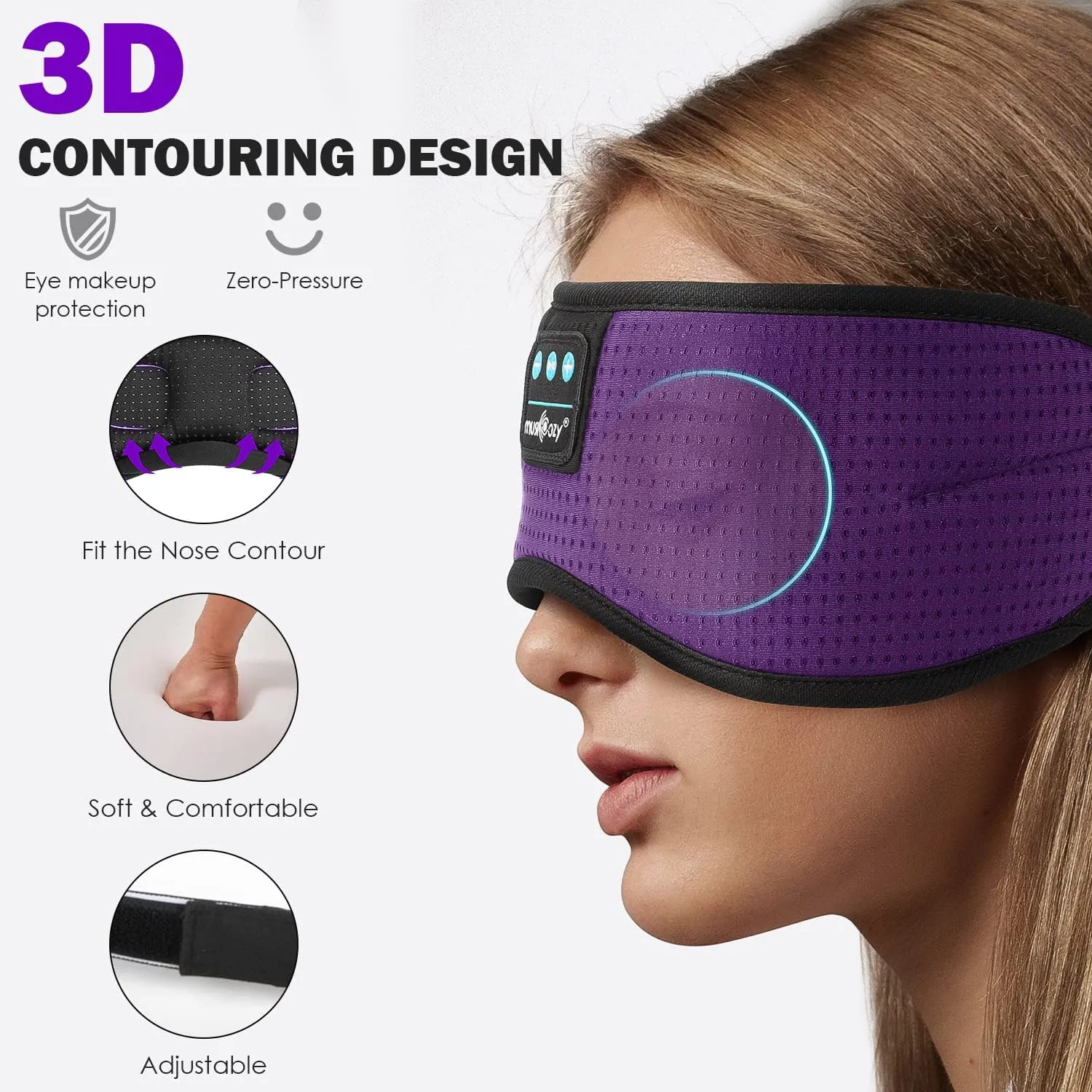 MUSICOZY White Noise Bluetooth Sleep Mask with 8 Soothing Sounds & 3D Wireless Sleep Headphones, Bluetooth Sleeping Headphones for Yoga Travel Office Relaxation, Tech Gadgets Gifts, Lavender Purple