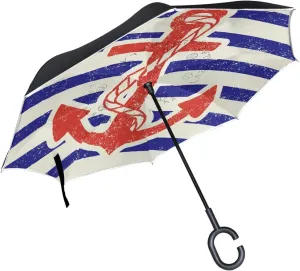 Navy Anchor Reverse Inverted Inside Out Umbrella Cars Unigue Windproof UV Proof Double Layer for Women