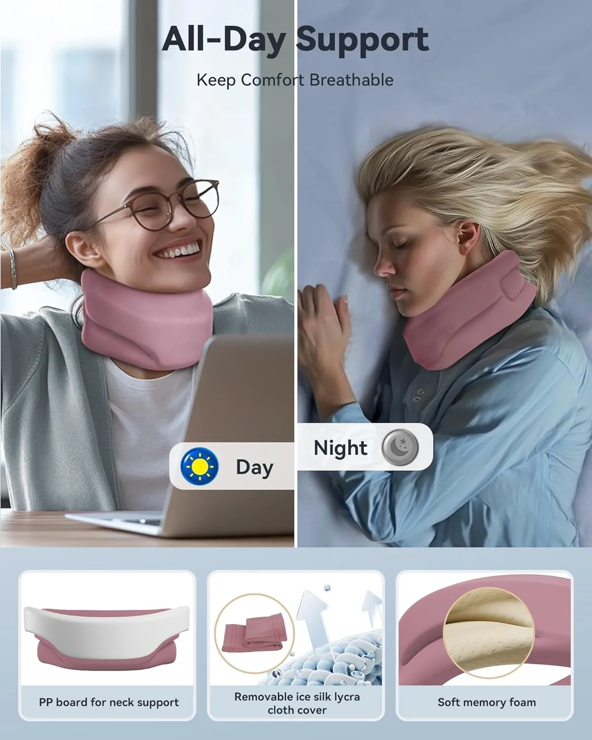 Neck Brace Cervical Collar - Neck Support Brace for Sleeping, Soft Foam Wraps Keep Vertebrae Stable and Aligned for Relief of Cervical Spine Pressure Pink Large(15.8-18.1 Inch)