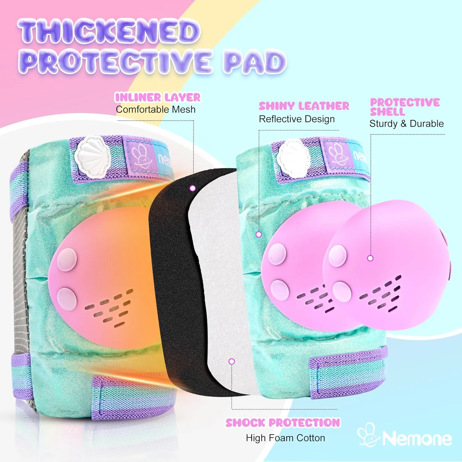 NEMONE Mermaid Knee Pads for Kids, Girls Boys Knee Elbow Pads Wrist Guards with Drawstring Bag, Adjustable Reflective Protective Gear Set for Roller Skates Bike Cycling Skateboard Scooter