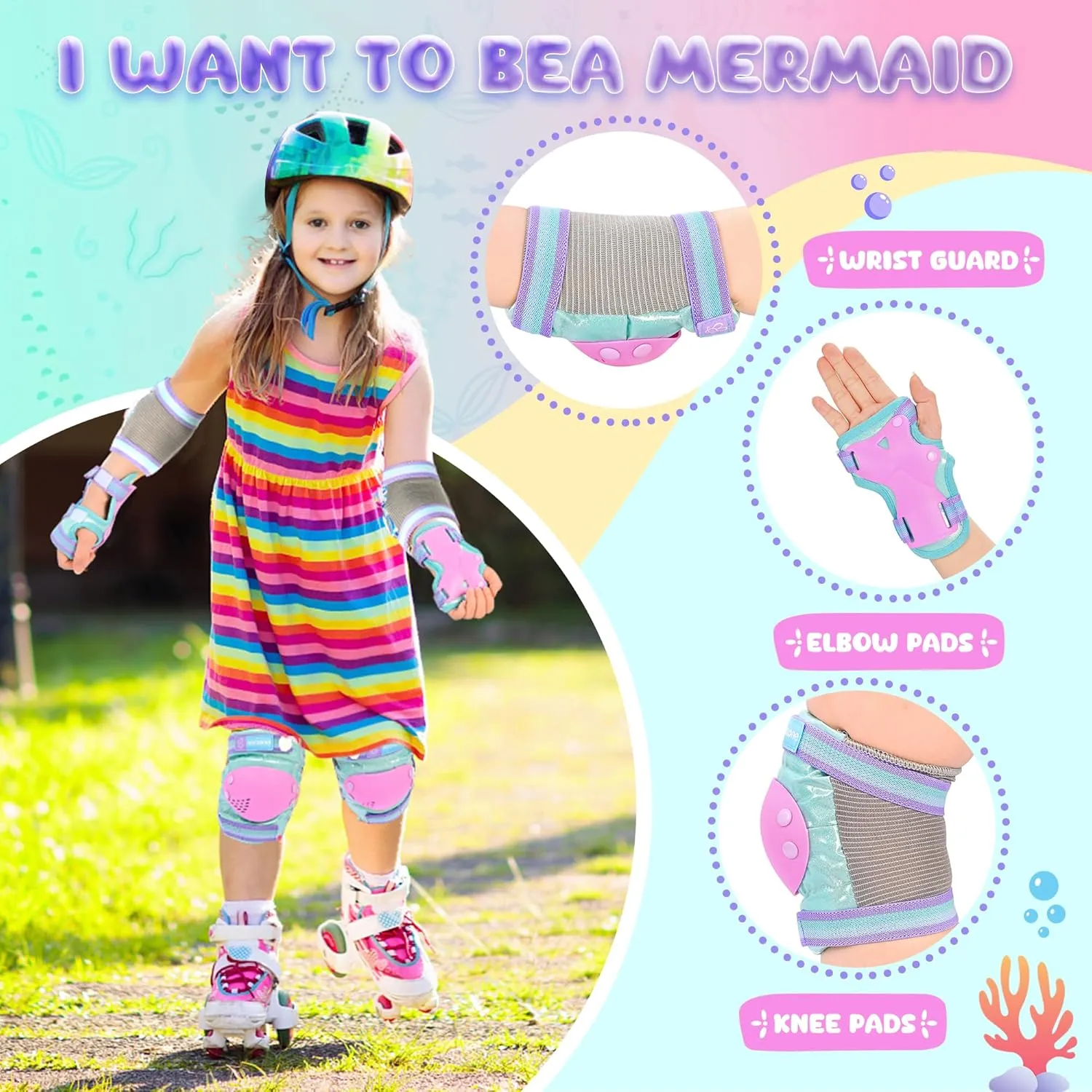 NEMONE Mermaid Knee Pads for Kids, Girls Boys Knee Elbow Pads Wrist Guards with Drawstring Bag, Adjustable Reflective Protective Gear Set for Roller Skates Bike Cycling Skateboard Scooter