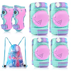NEMONE Mermaid Knee Pads for Kids, Girls Boys Knee Elbow Pads Wrist Guards with Drawstring Bag, Adjustable Reflective Protective Gear Set for Roller Skates Bike Cycling Skateboard Scooter