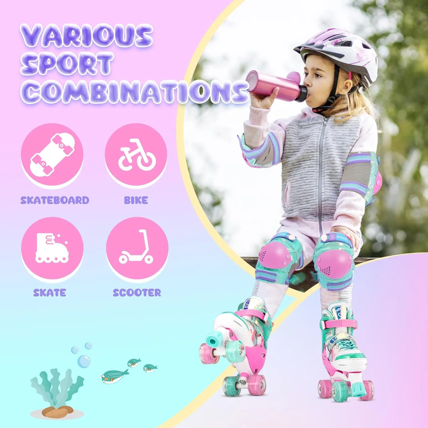 NEMONE Mermaid Knee Pads for Kids, Girls Boys Knee Elbow Pads Wrist Guards with Drawstring Bag, Adjustable Reflective Protective Gear Set for Roller Skates Bike Cycling Skateboard Scooter