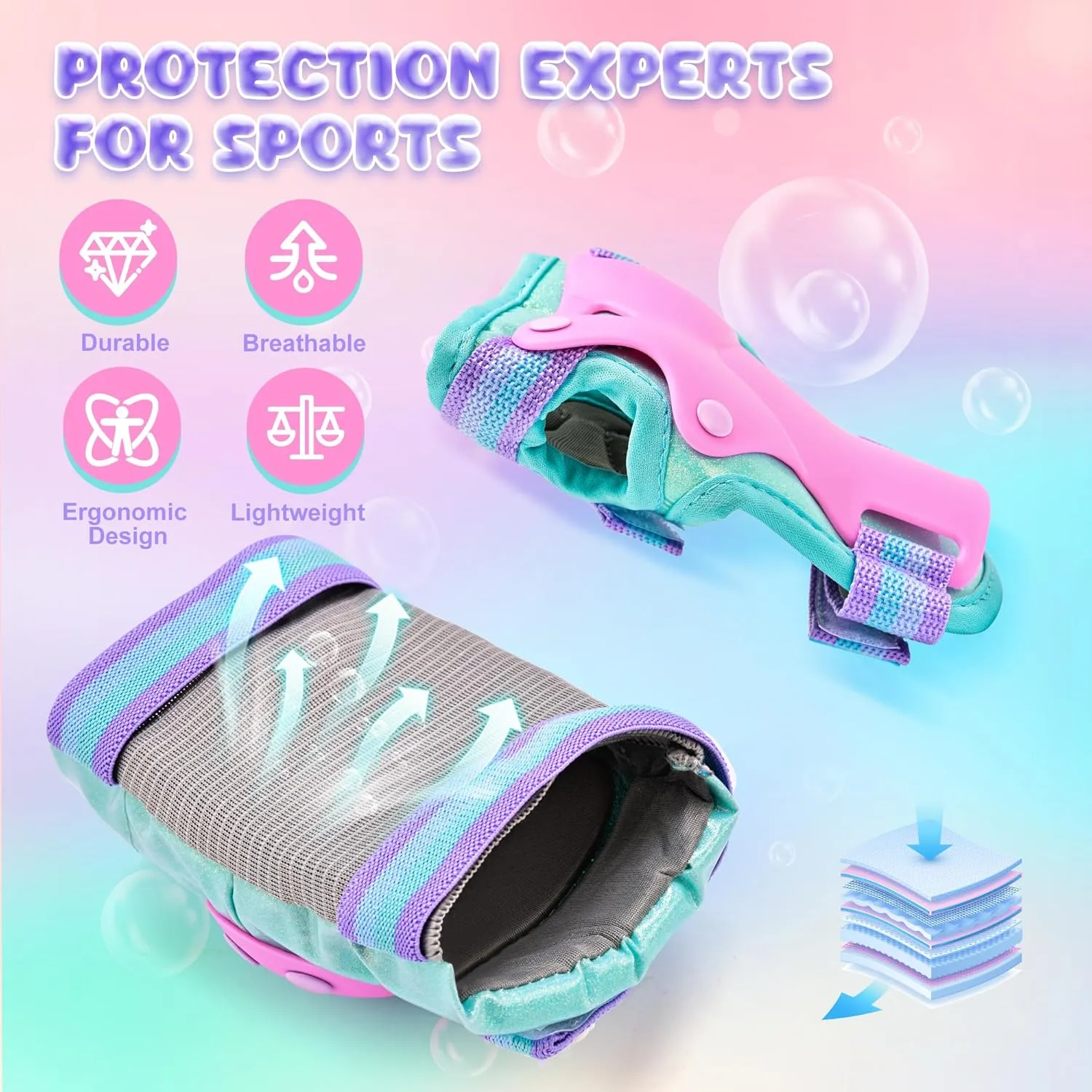 NEMONE Mermaid Knee Pads for Kids, Girls Boys Knee Elbow Pads Wrist Guards with Drawstring Bag, Adjustable Reflective Protective Gear Set for Roller Skates Bike Cycling Skateboard Scooter