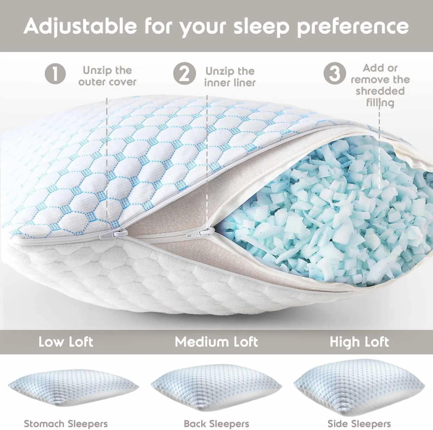 Nestl Cooling Pillow for Sleeping 2 Pack, Luxury Shredded Memory Foam Pillows Queen Size Set of 2, Adjustable Cold Gel Pillows for Hot Sleepers Supportive Cool Pillow for Side Back Stomach Sleepers