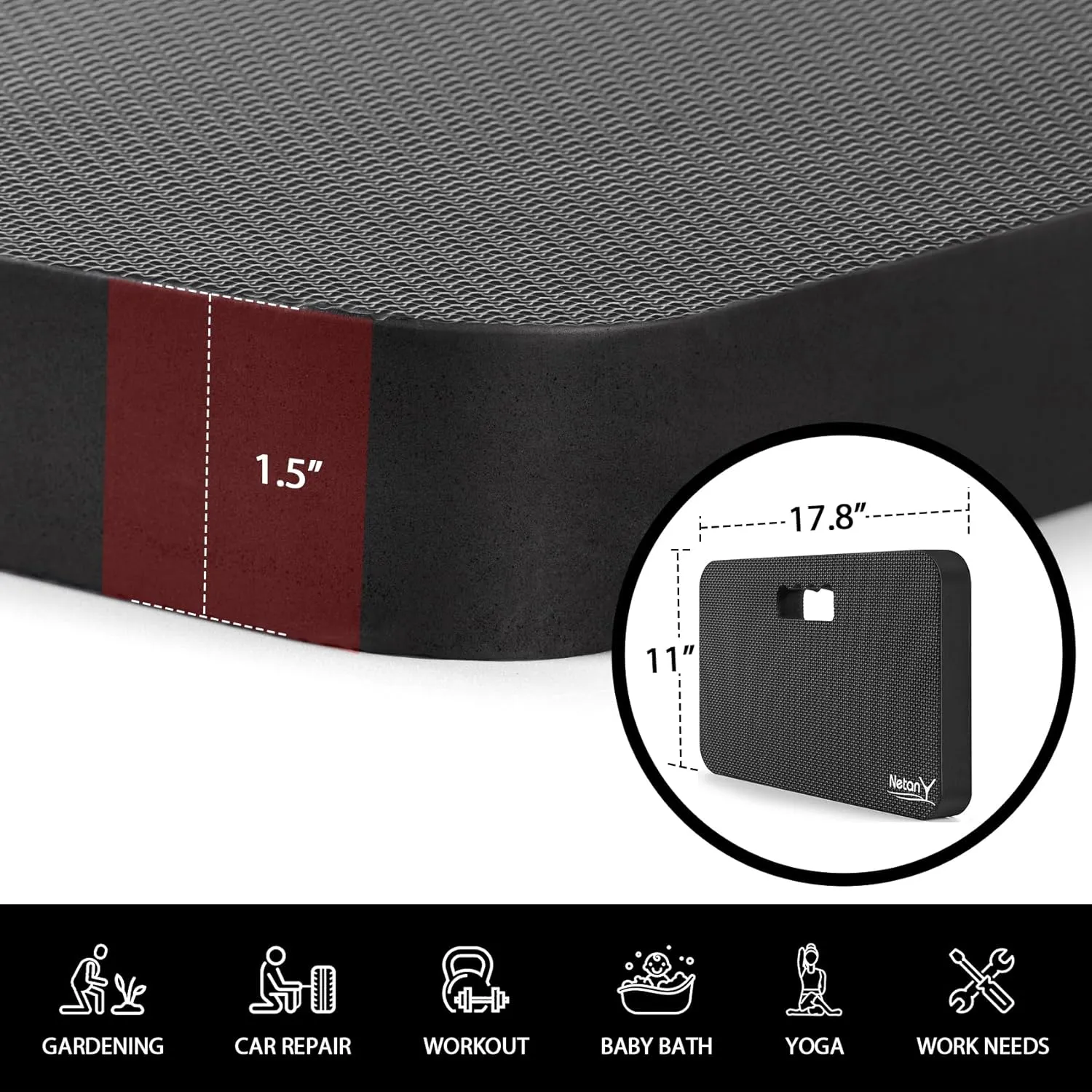 NETANY 2 Pack Extra Thick Kneeling Pad for Gardening, Comfortable Knee Pad Cushion, Extra Large Foam Kneeler Mat for Gardening, Baby Bath, Workout, Exercise & Yoga, Mechanic, 17.8 x 11 x 1.5 in, Black