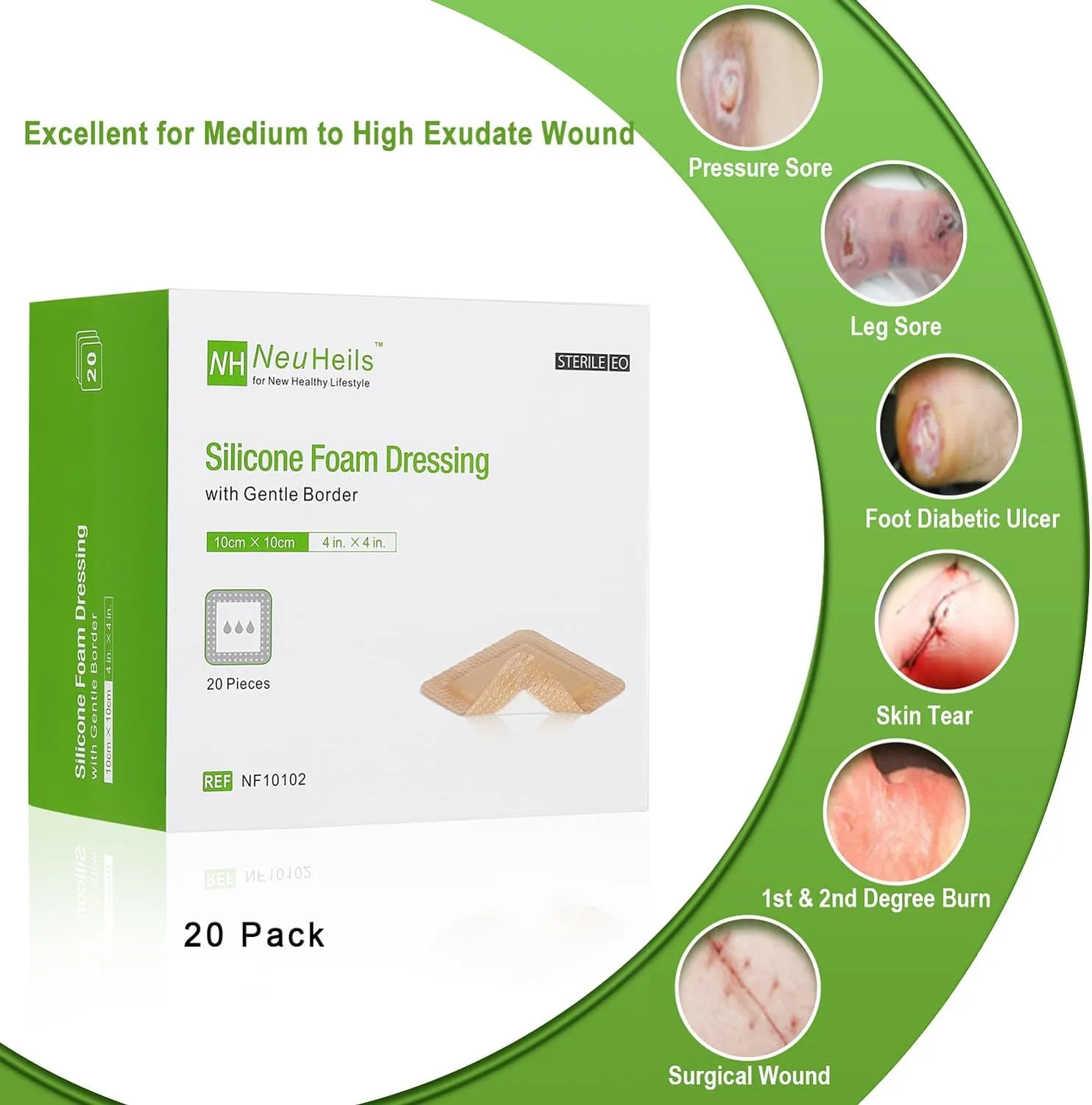 NeuHeils Silicone Foam Dressing with Gentle Border 4''x4'', 20 Pack for Bed Sore Leg Ulcer, High Absorbency Large Waterproof Silicone Wound Bandage
