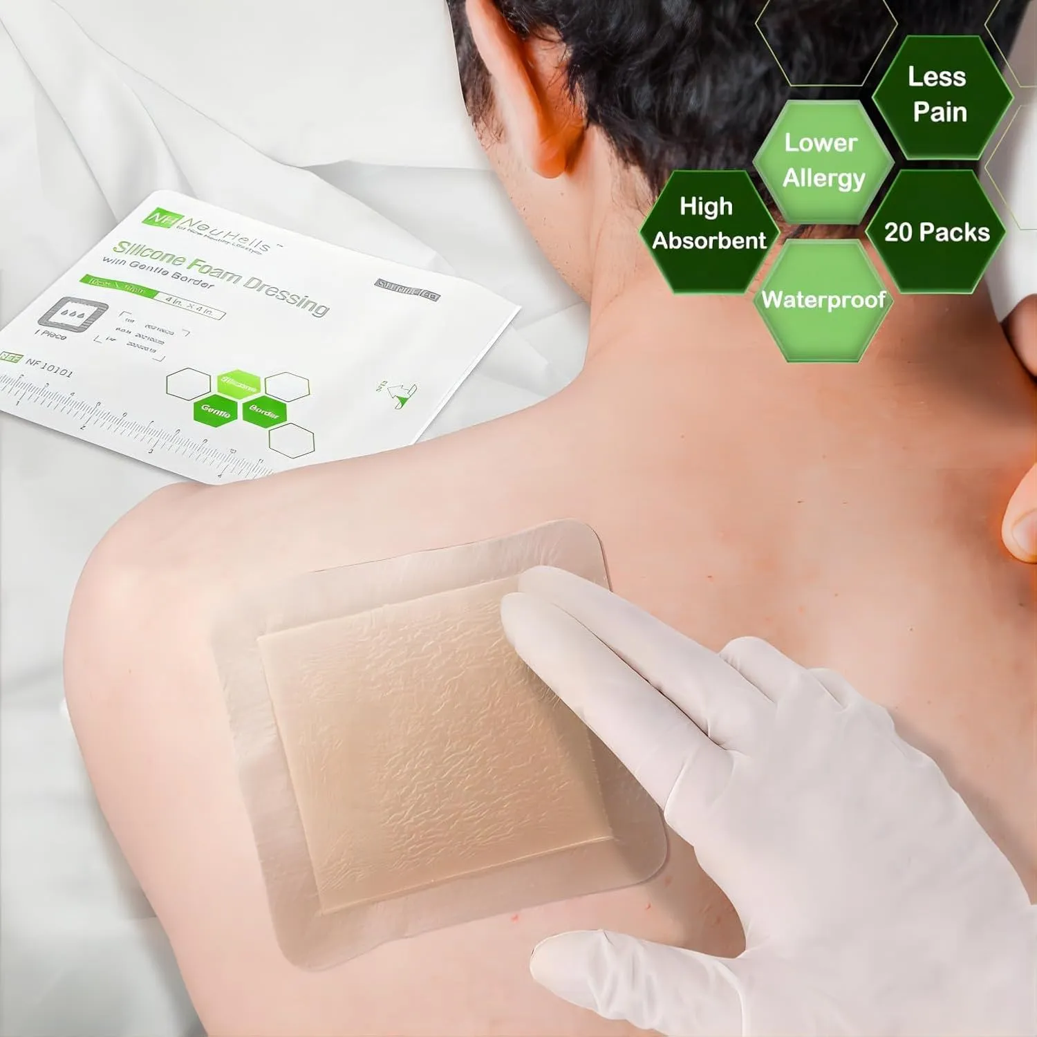 NeuHeils Silicone Foam Dressing with Gentle Border 4''x4'', 20 Pack for Bed Sore Leg Ulcer, High Absorbency Large Waterproof Silicone Wound Bandage