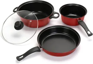 Non-Stick Cookware Set, 4 Piece Set Portable Lightweight Cast Iron Pots and Pans with Glass Lids and Nylon Utensils for Outdoor Camping Picnic Travel