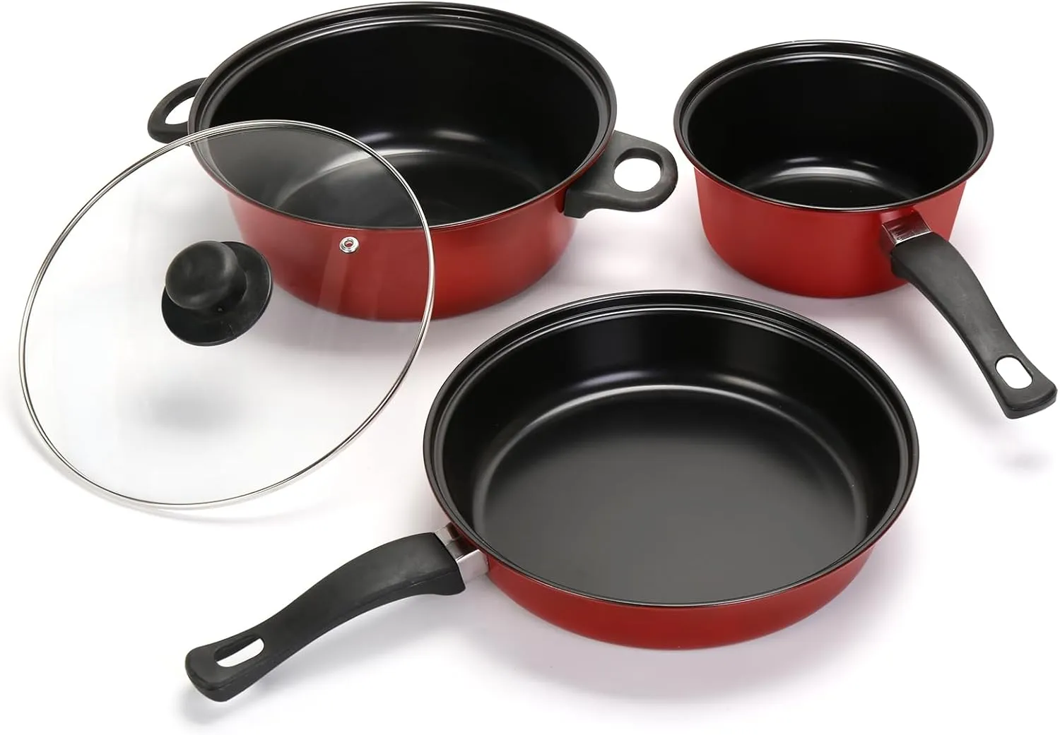 Non-Stick Cookware Set, 4 Piece Set Portable Lightweight Cast Iron Pots and Pans with Glass Lids and Nylon Utensils for Outdoor Camping Picnic Travel