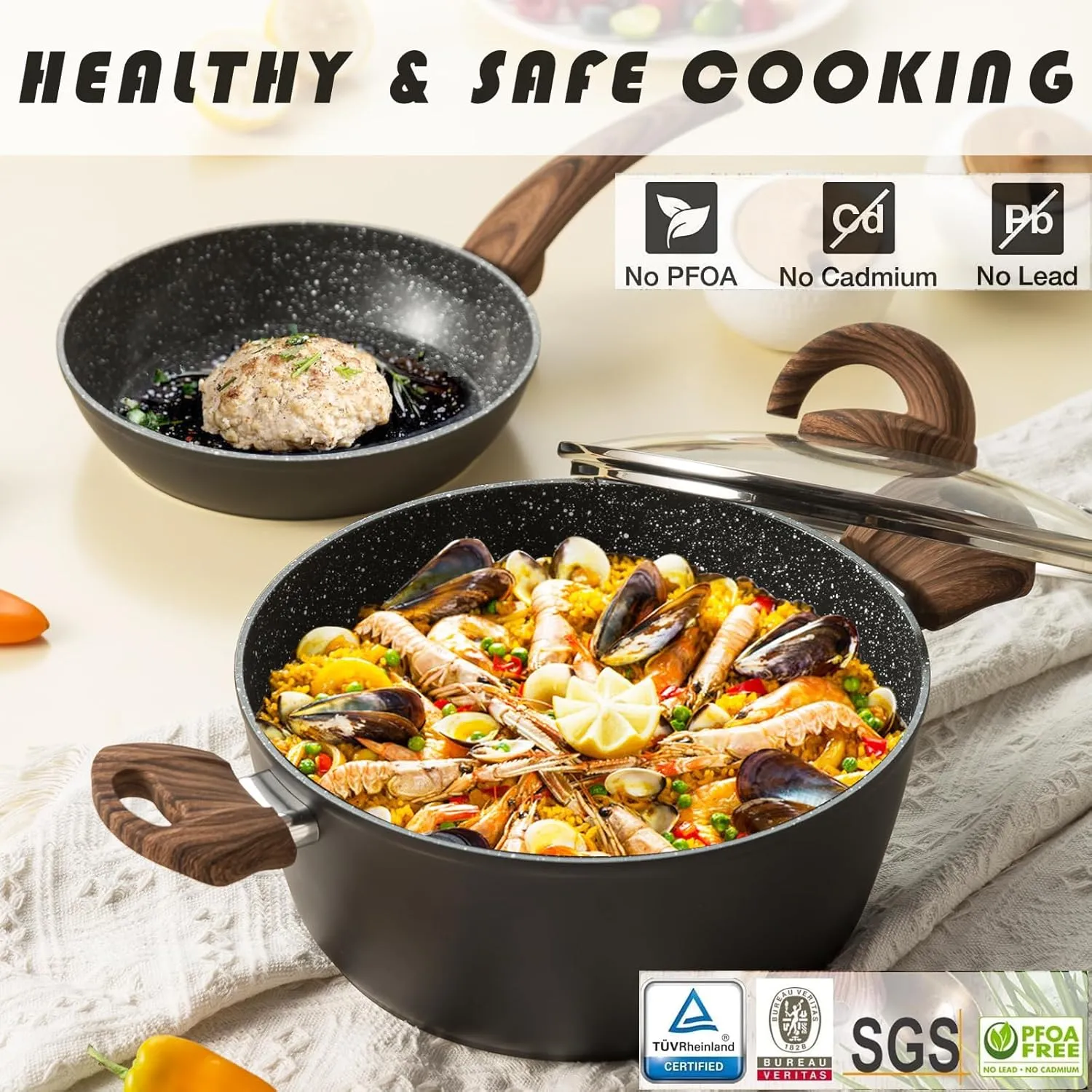 Non Stick Pots and Pans Set, Healthy Ceramic Cookware Set, 12pcs Kitchen Cooking Pots and Frying Sauce Saute Pans Set, PFAS-Free with Kitchen Utensils and Lid, Black