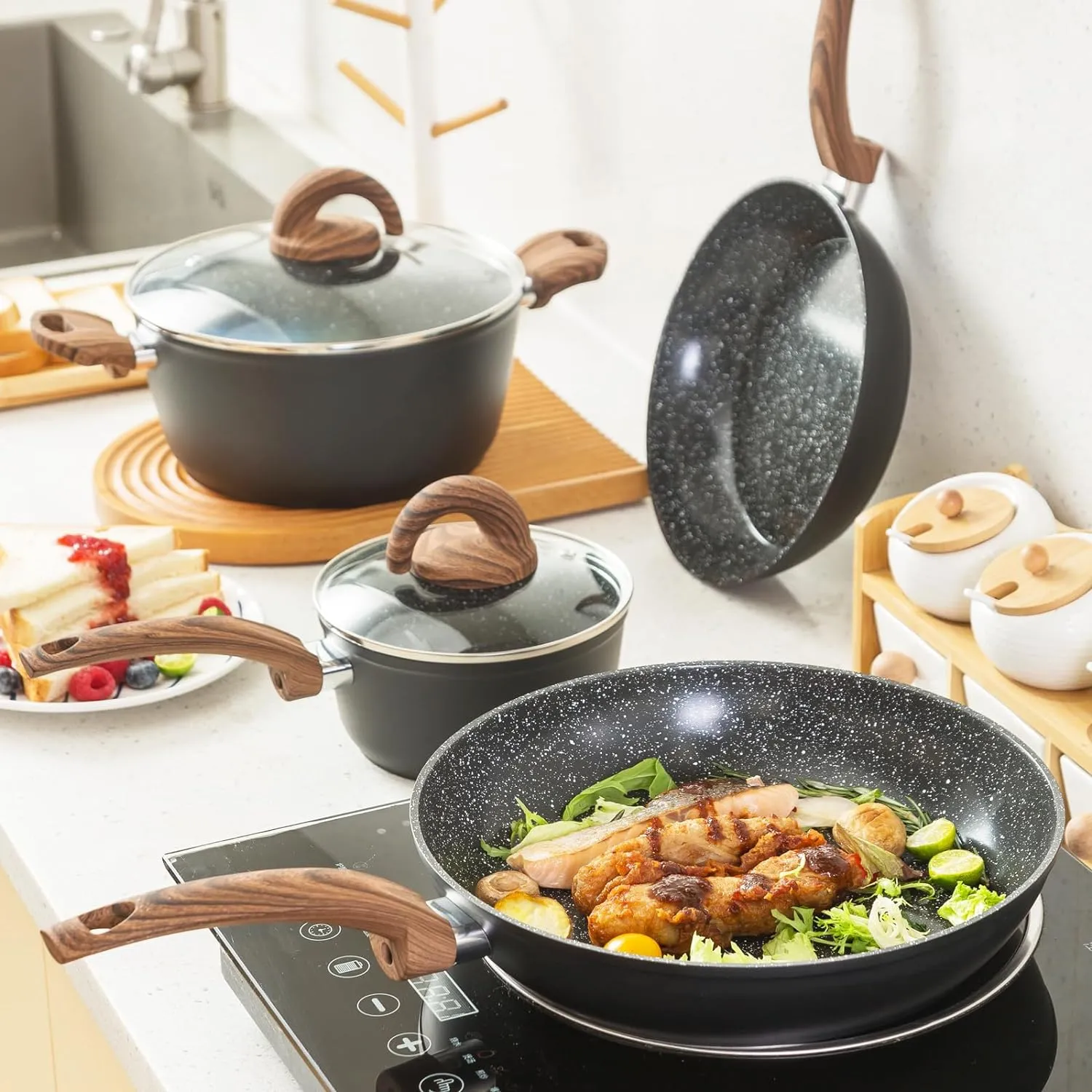 Non Stick Pots and Pans Set, Healthy Ceramic Cookware Set, 12pcs Kitchen Cooking Pots and Frying Sauce Saute Pans Set, PFAS-Free with Kitchen Utensils and Lid, Black