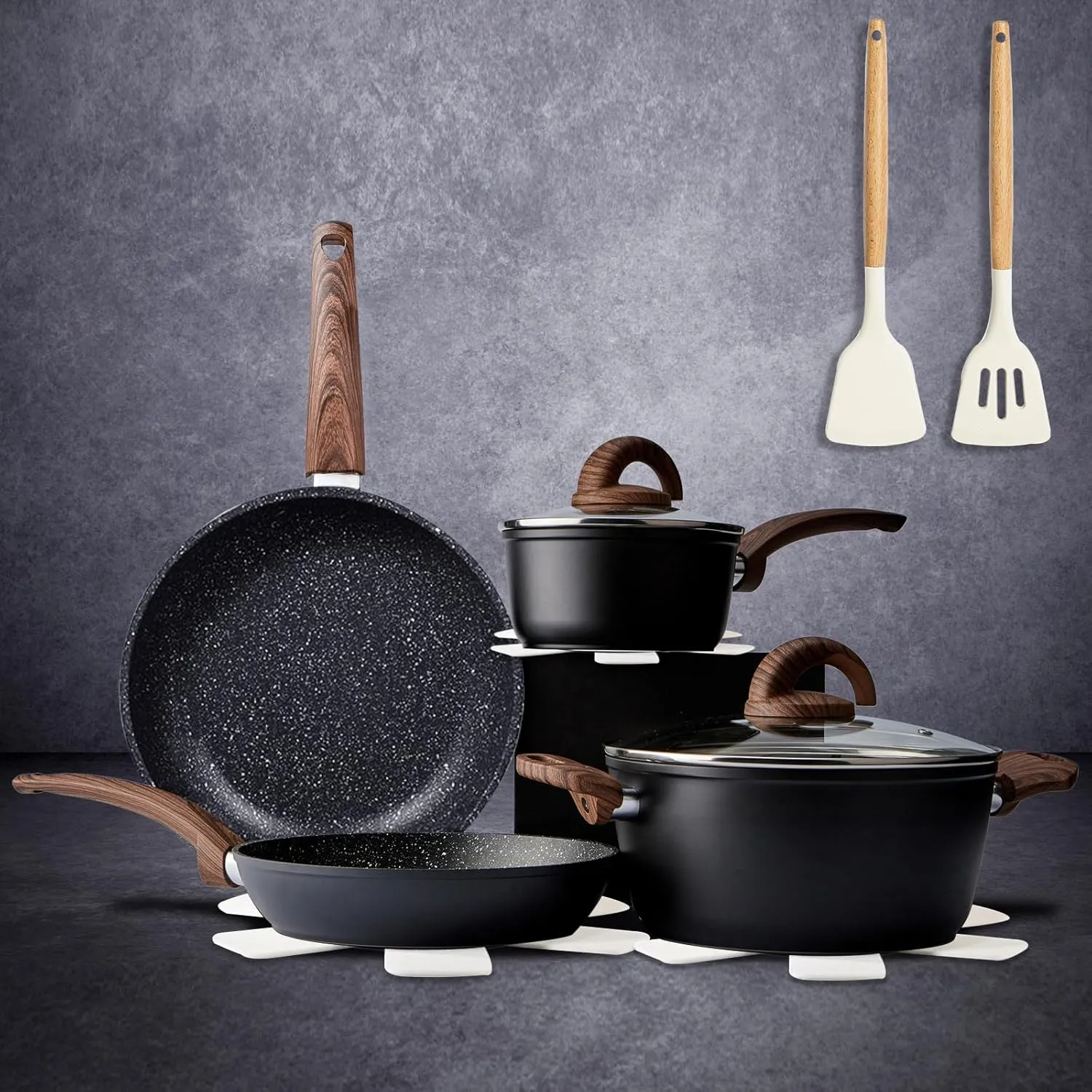 Non Stick Pots and Pans Set, Healthy Ceramic Cookware Set, 12pcs Kitchen Cooking Pots and Frying Sauce Saute Pans Set, PFAS-Free with Kitchen Utensils and Lid, Black