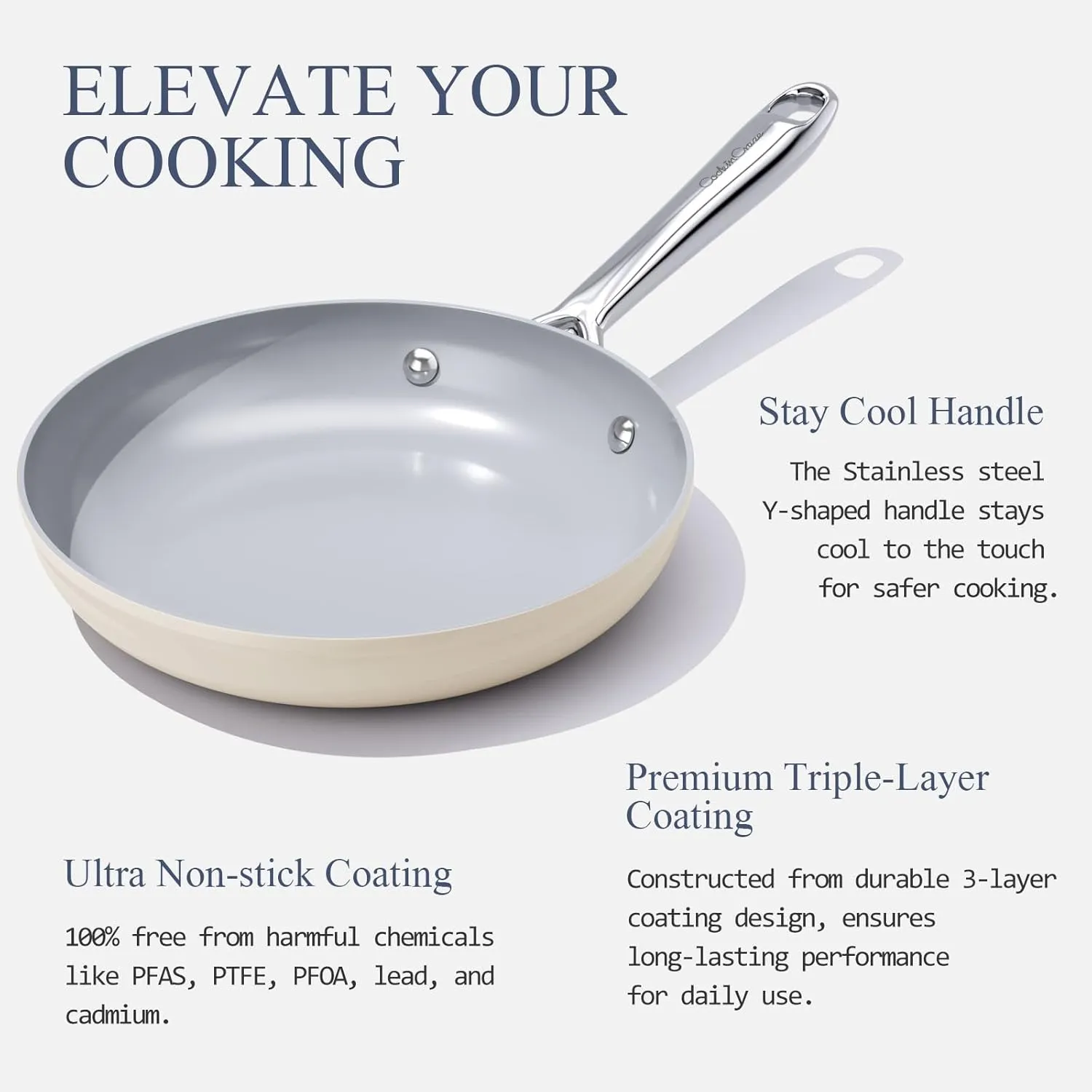 Nonstick Ceramic Frying Pan 8 Inch for Induction Cooktop - Non Toxic, PTFE/PFOA/PFAS Free, Oven & Dishwasher Safe up to 500°F - Non Stick Small Egg Skillet with Stay-Cool Handle - Cream