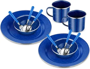 Nuogo 12 Pcs Enamel Camping Tableware Set Camping Complete Dinnerware Kit Coffee Mugs Plates Bowls Utensils Set with Knife Fork Spoon for 2 People Hiking Picnic, Blue